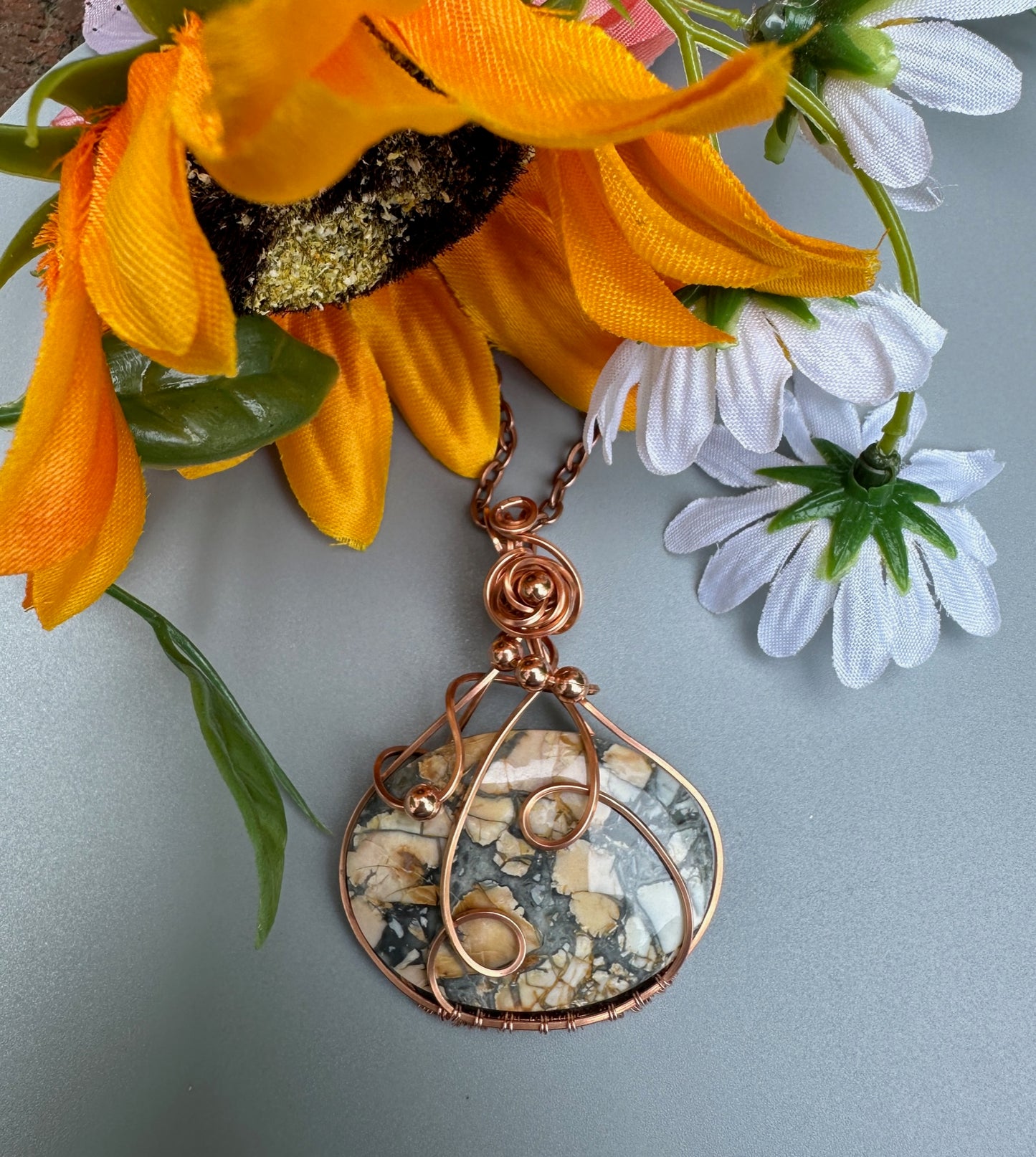 Maligano Jasper Bright Copper Wire Wrapped Pendant