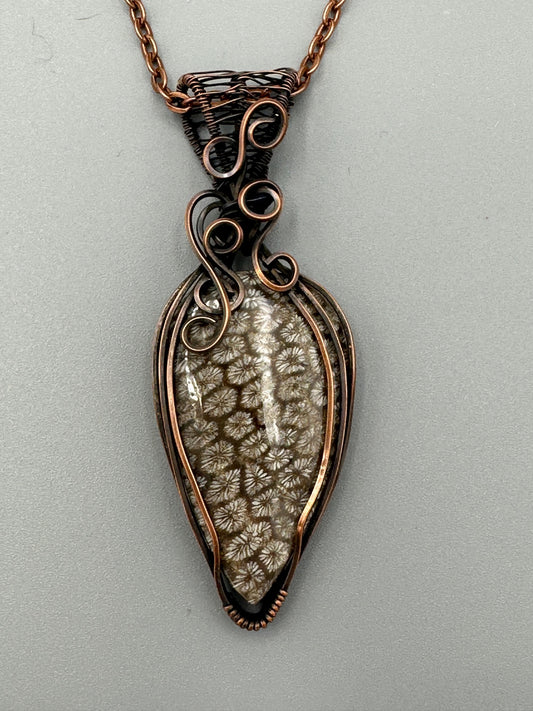 Natural Fossil Coral Teardrop Wire Wrapped Pendant