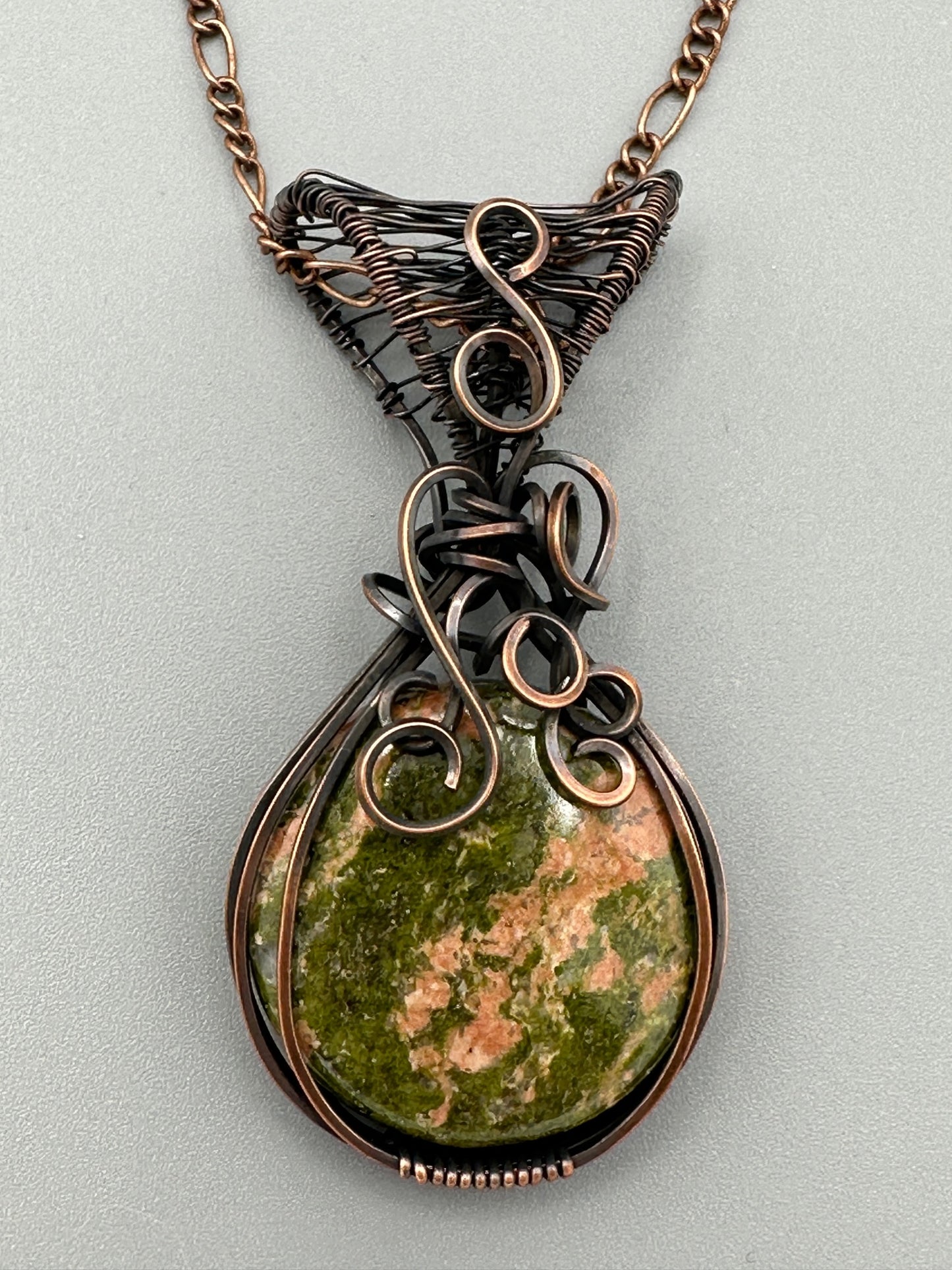 Round Unakite Wire Wrapped Pendant
