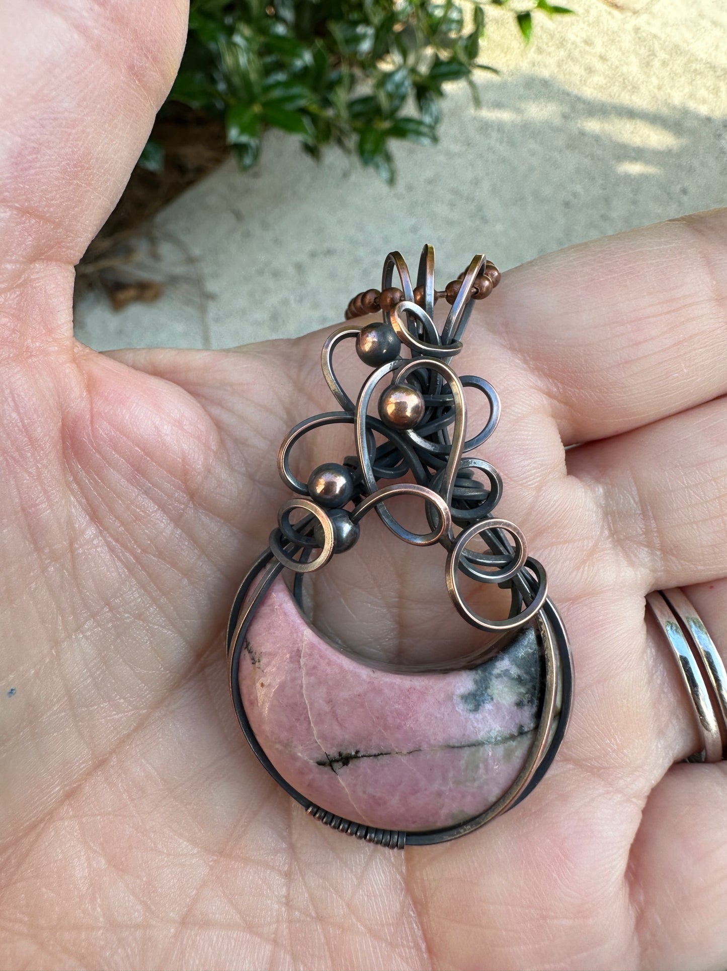Rhodonite Crescent Moon Handmade Wire Wrapped Pendant