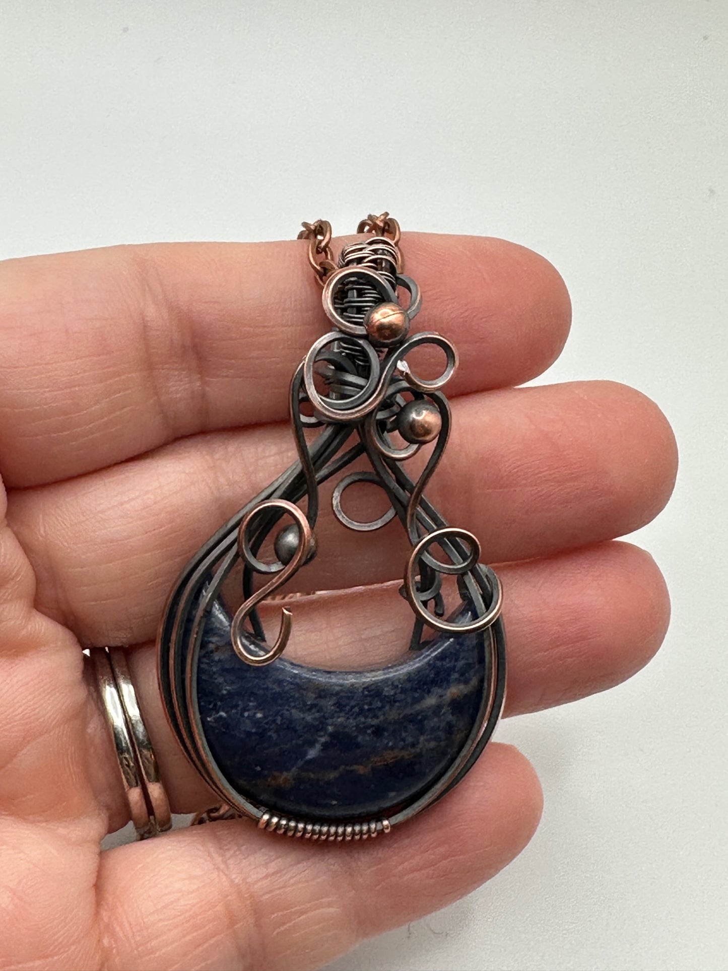 Sodalite Crescent Moon Wire Wrapped Pendant