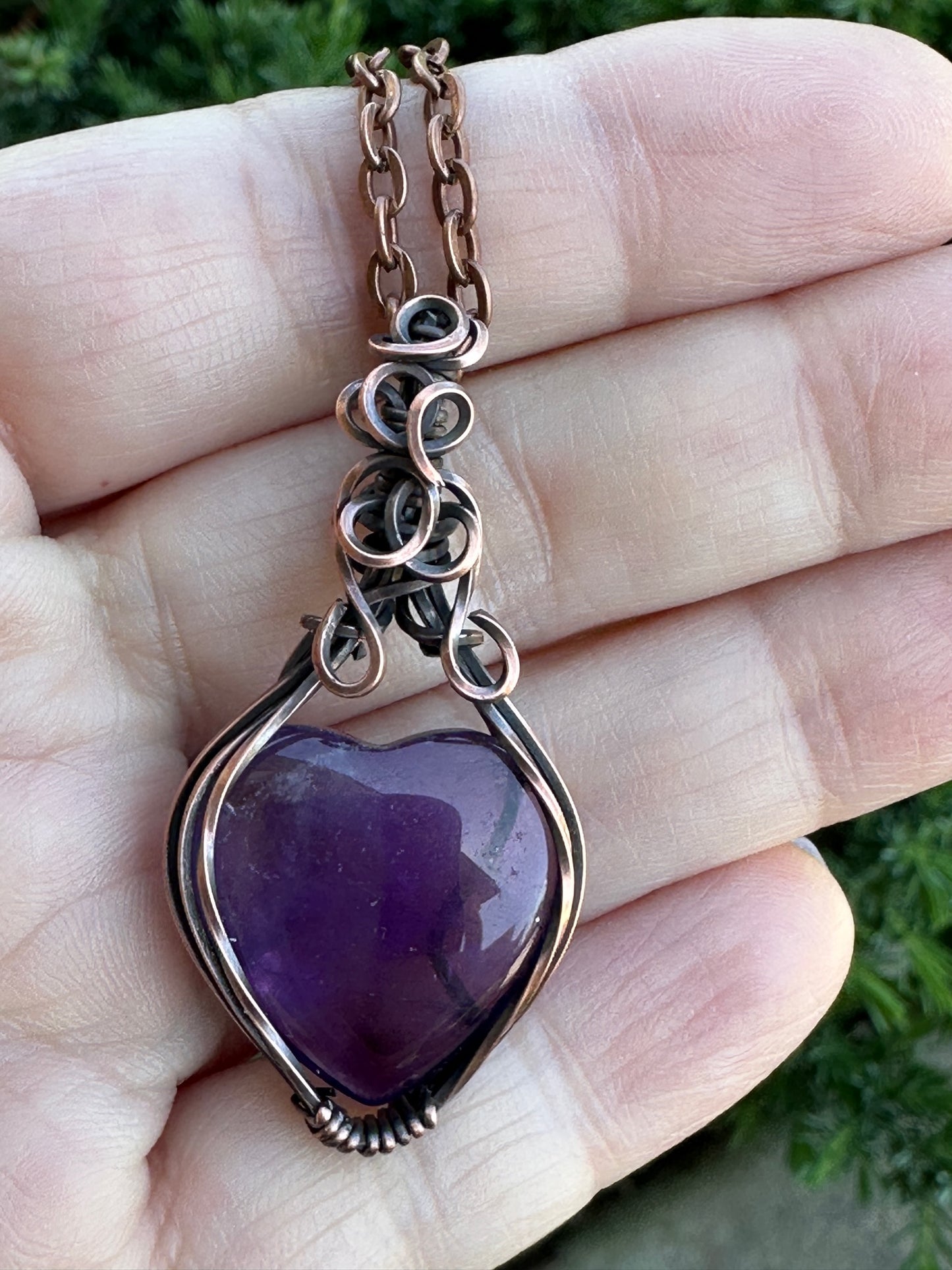 Handmade Wire Wrapped Amethyst Heart Pendant