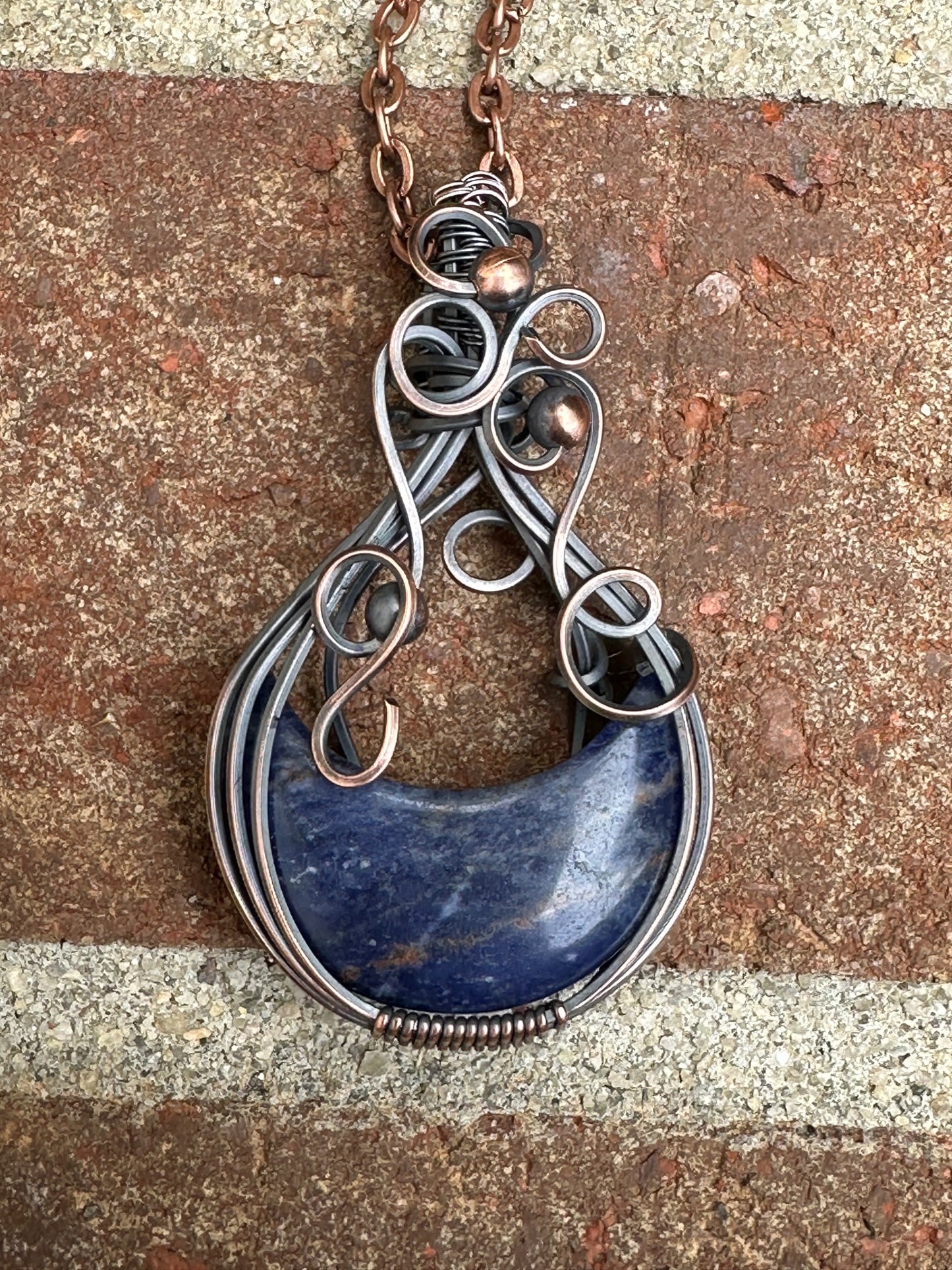 Sodalite Crescent Moon Wire Wrapped Pendant