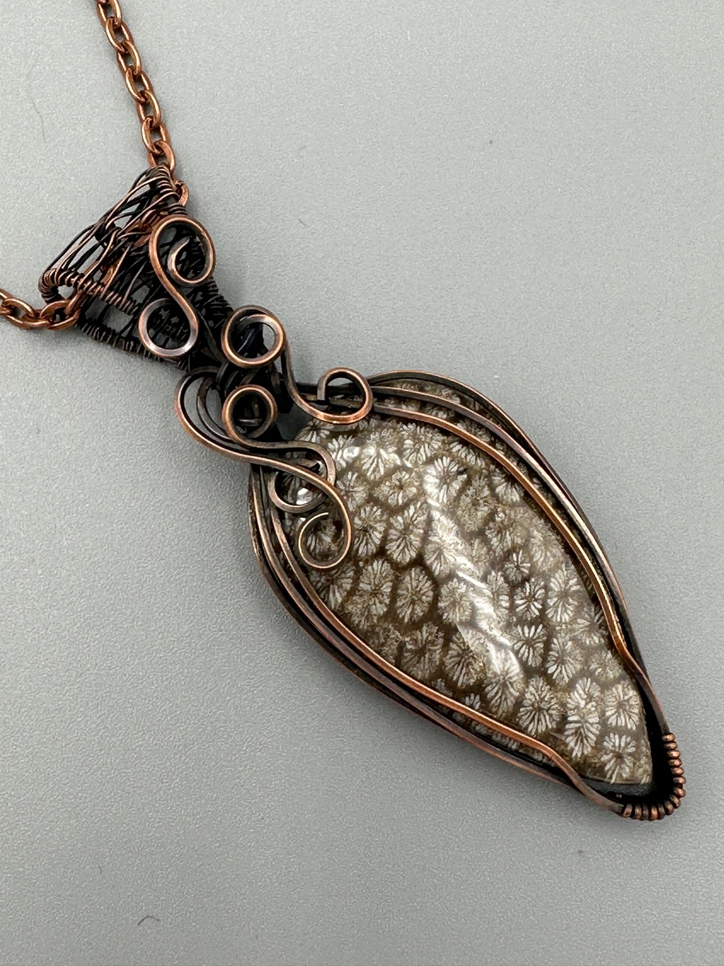 Natural Fossil Coral Teardrop Wire Wrapped Pendant