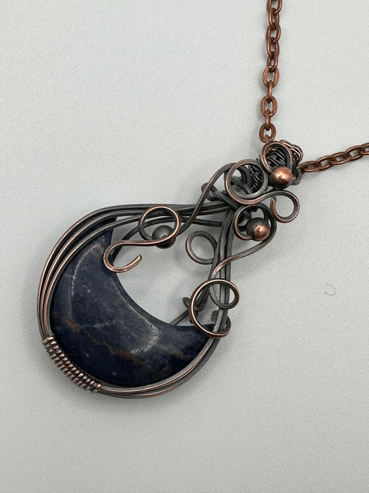 Sodalite Crescent Moon Wire Wrapped Pendant