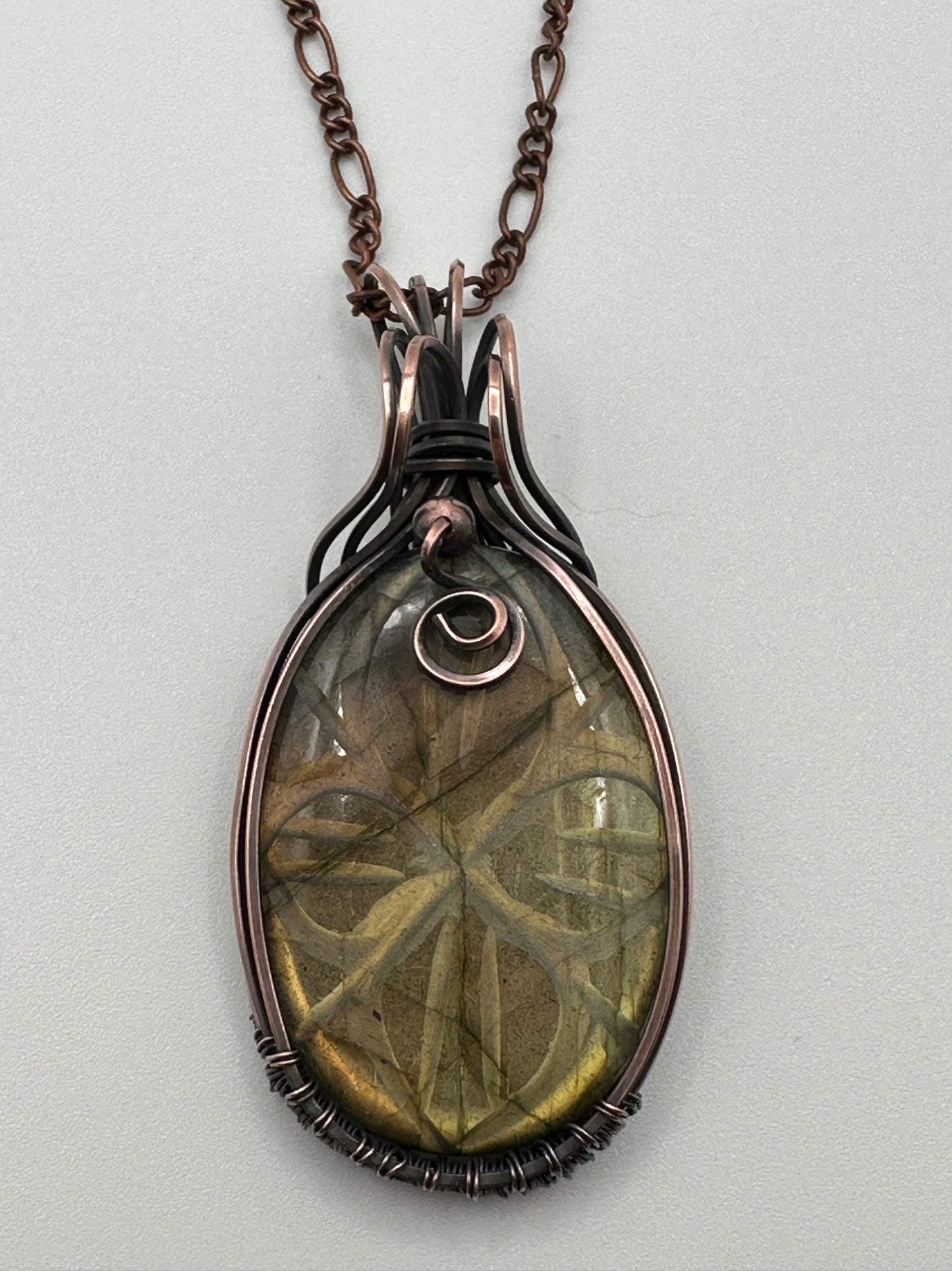 Carved Oval Labradorite Handmade Wire Wrapped Pendant