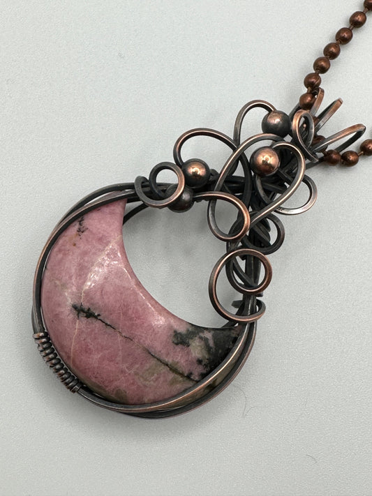 Rhodonite Crescent Moon Handmade Wire Wrapped Pendant