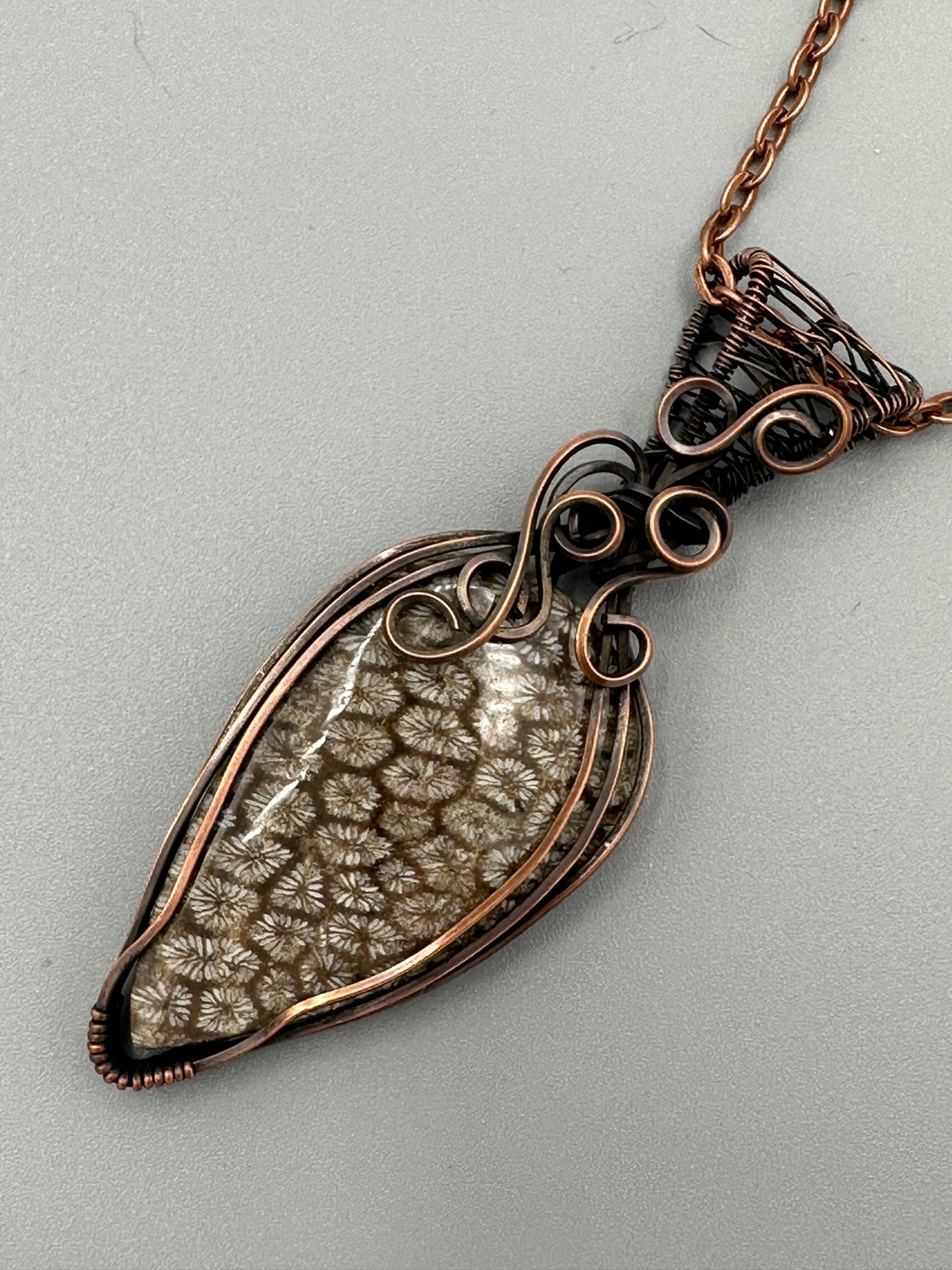 Natural Fossil Coral Teardrop Wire Wrapped Pendant