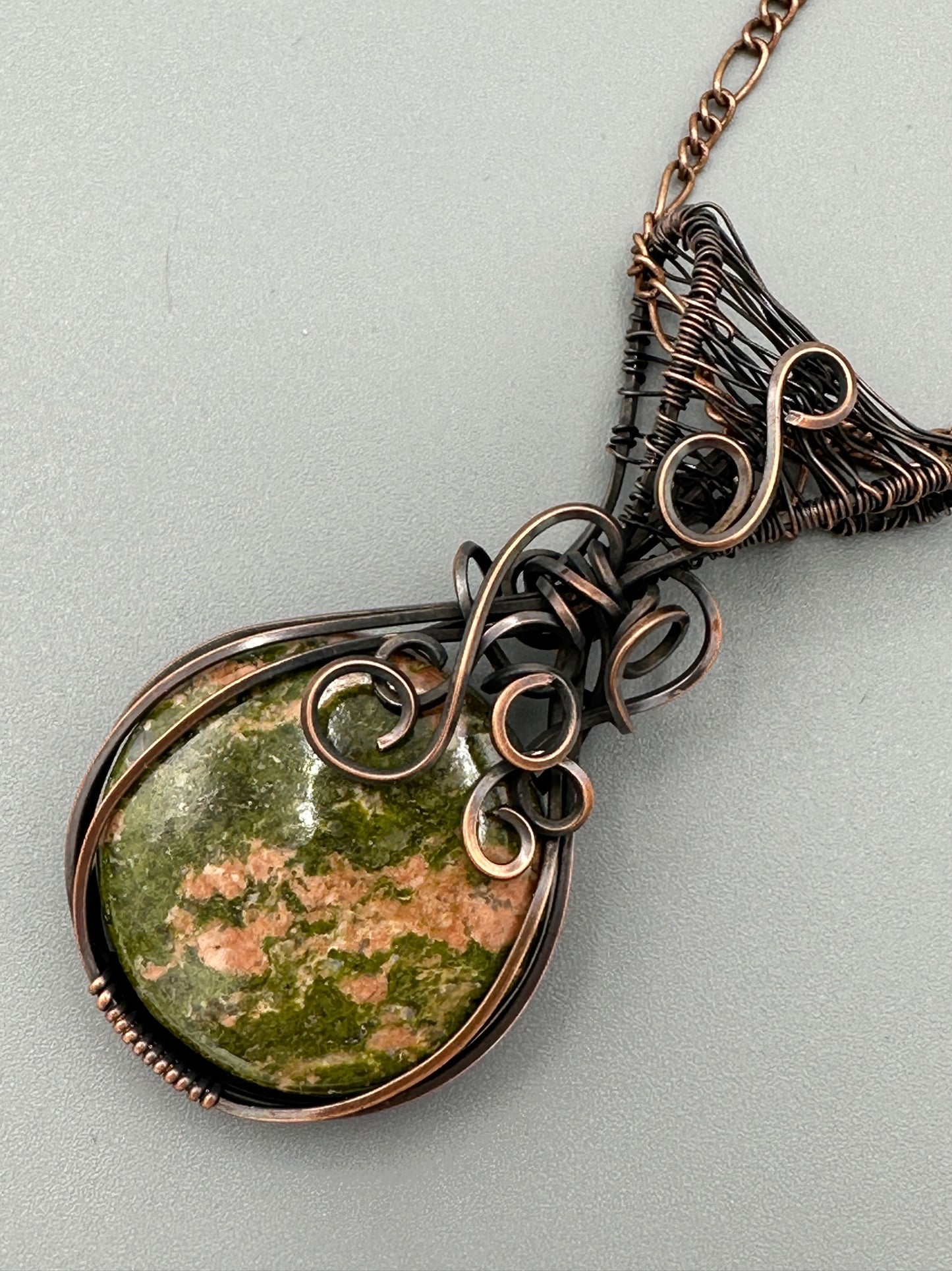 Round Unakite Wire Wrapped Pendant