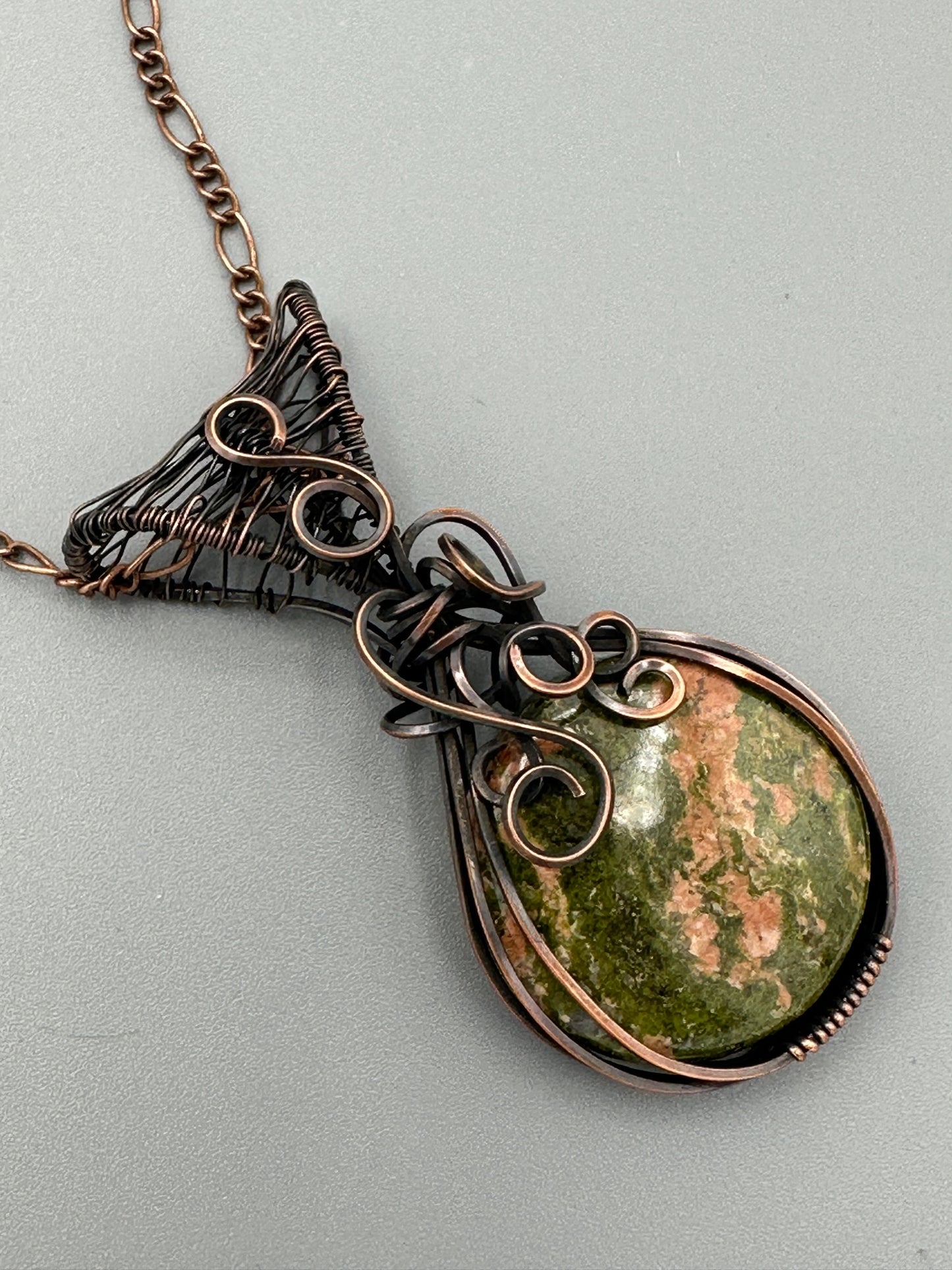 Round Unakite Wire Wrapped Pendant