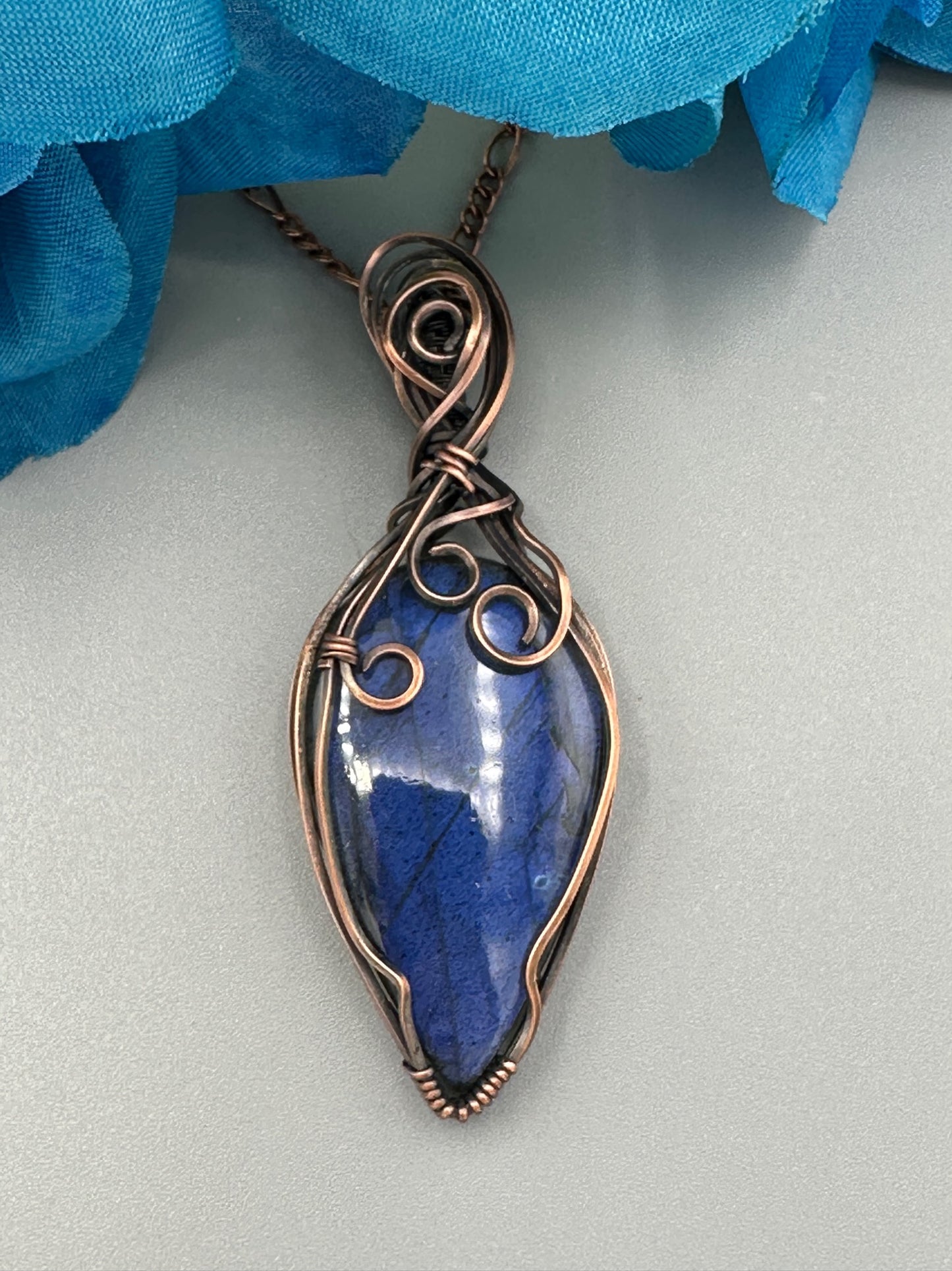 Blue Labradorite Teardrop Wire Wrapped Pendant