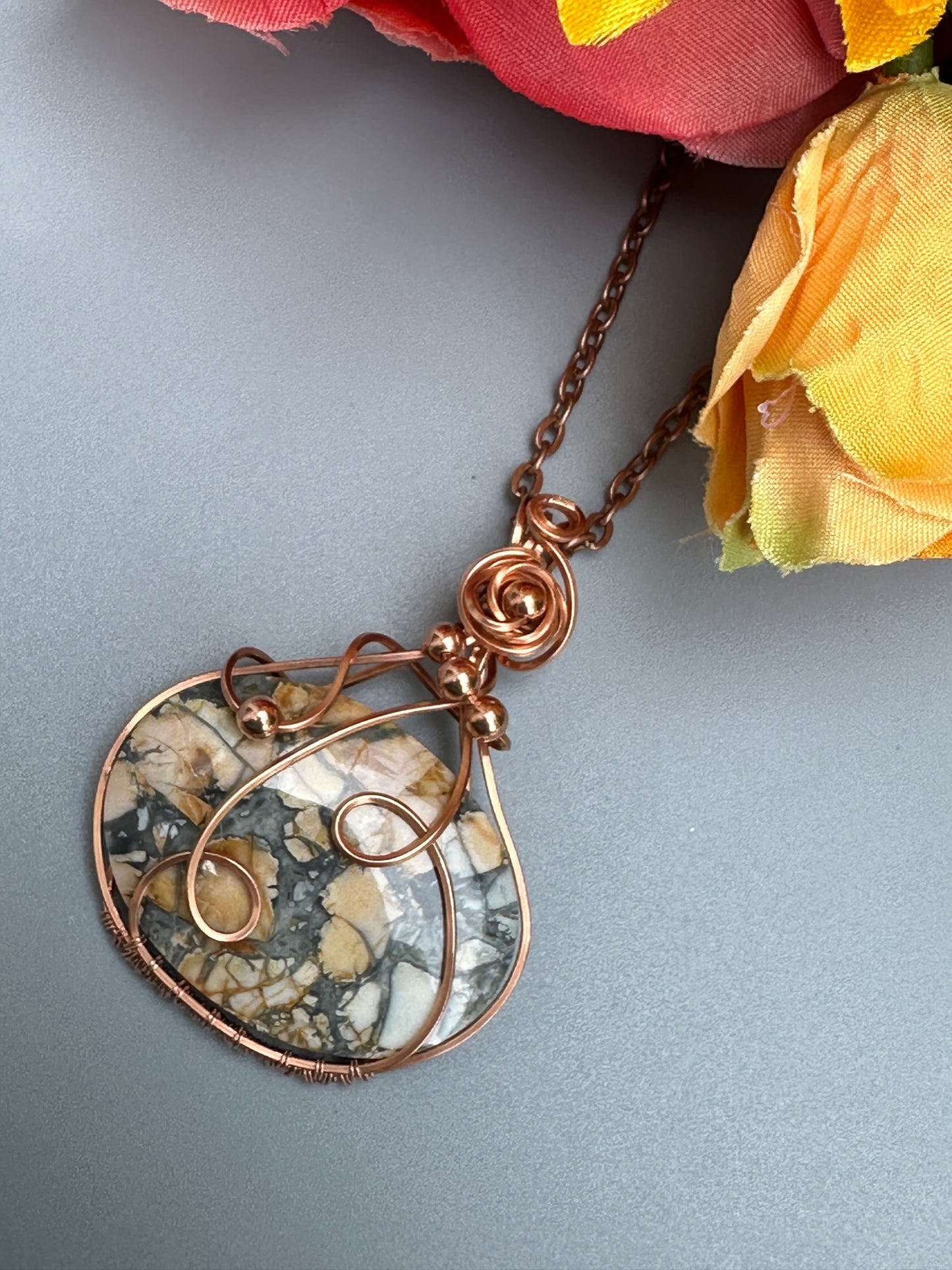 Maligano Jasper Bright Copper Wire Wrapped Pendant