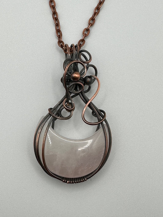Rose Quartz Crescent Moon Wire Wrapped Pendant