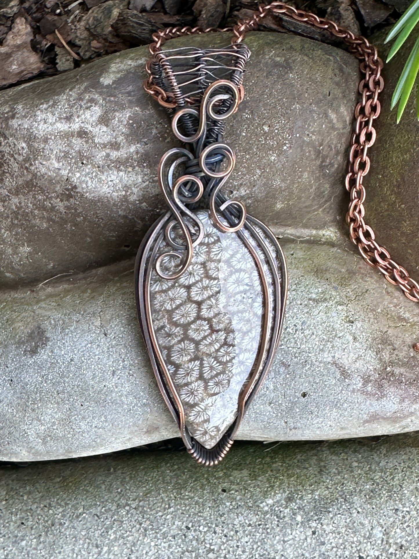 Natural Fossil Coral Teardrop Wire Wrapped Pendant