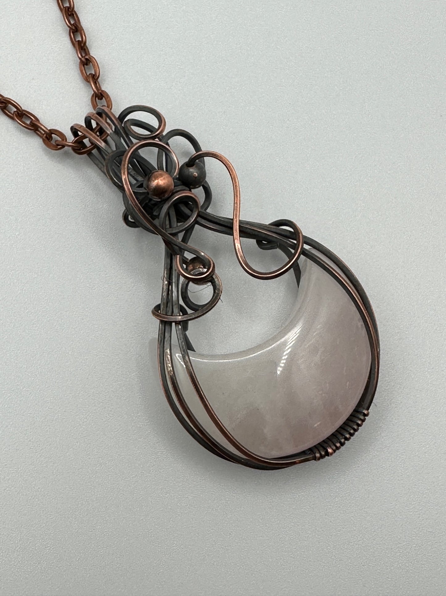 Rose Quartz Crescent Moon Wire Wrapped Pendant