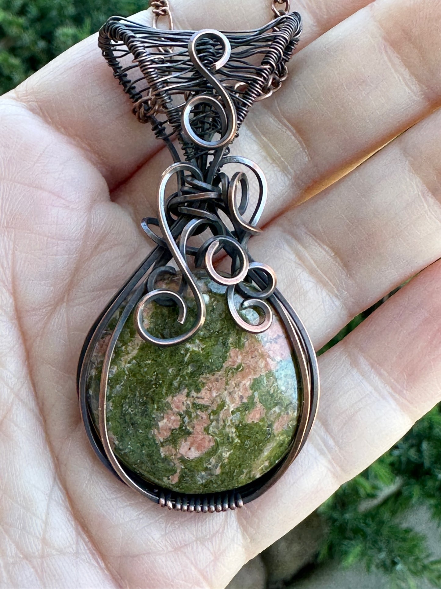 Round Unakite Wire Wrapped Pendant