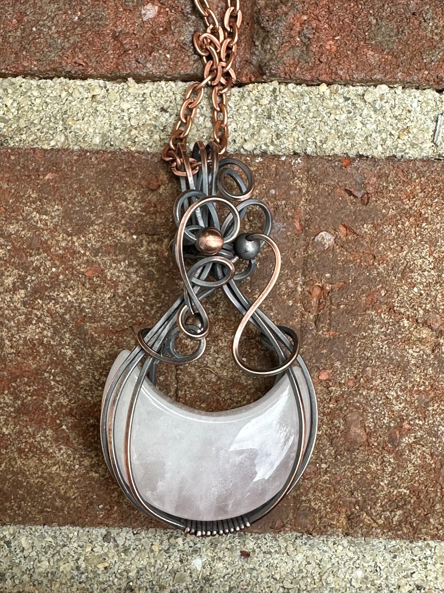 Rose Quartz Crescent Moon Wire Wrapped Pendant