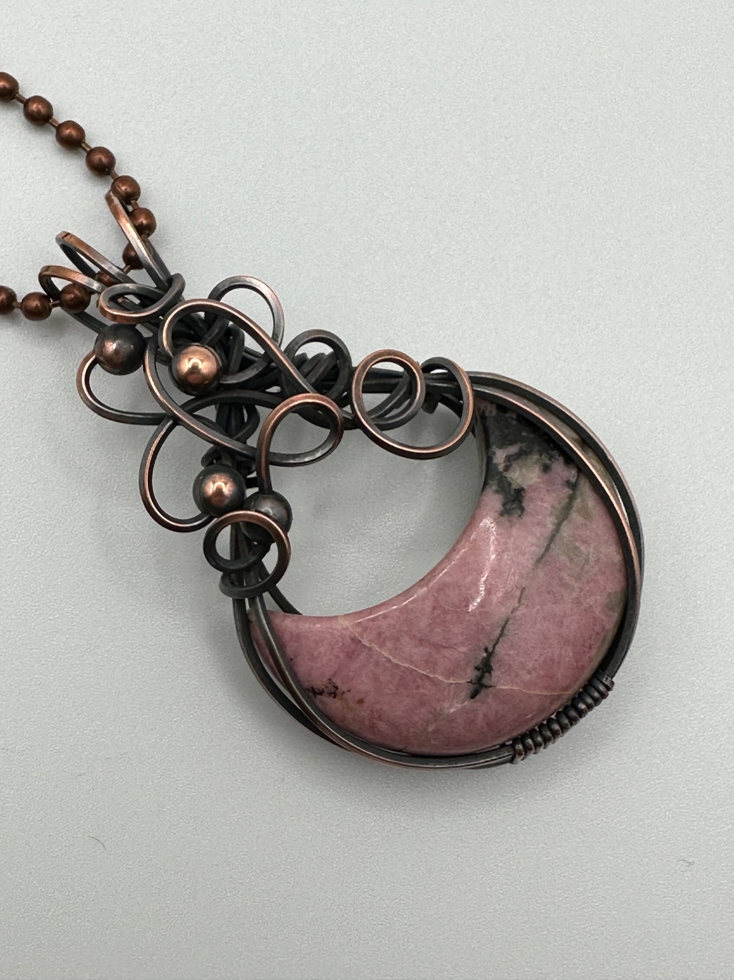 Rhodonite Crescent Moon Handmade Wire Wrapped Pendant