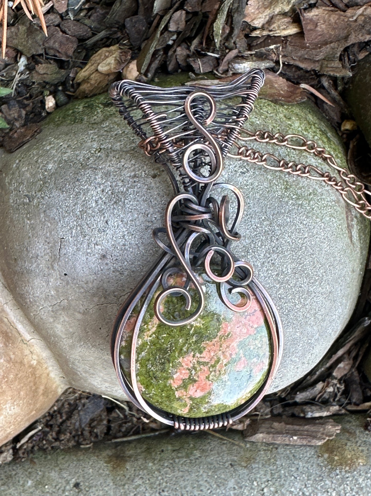 Round Unakite Wire Wrapped Pendant
