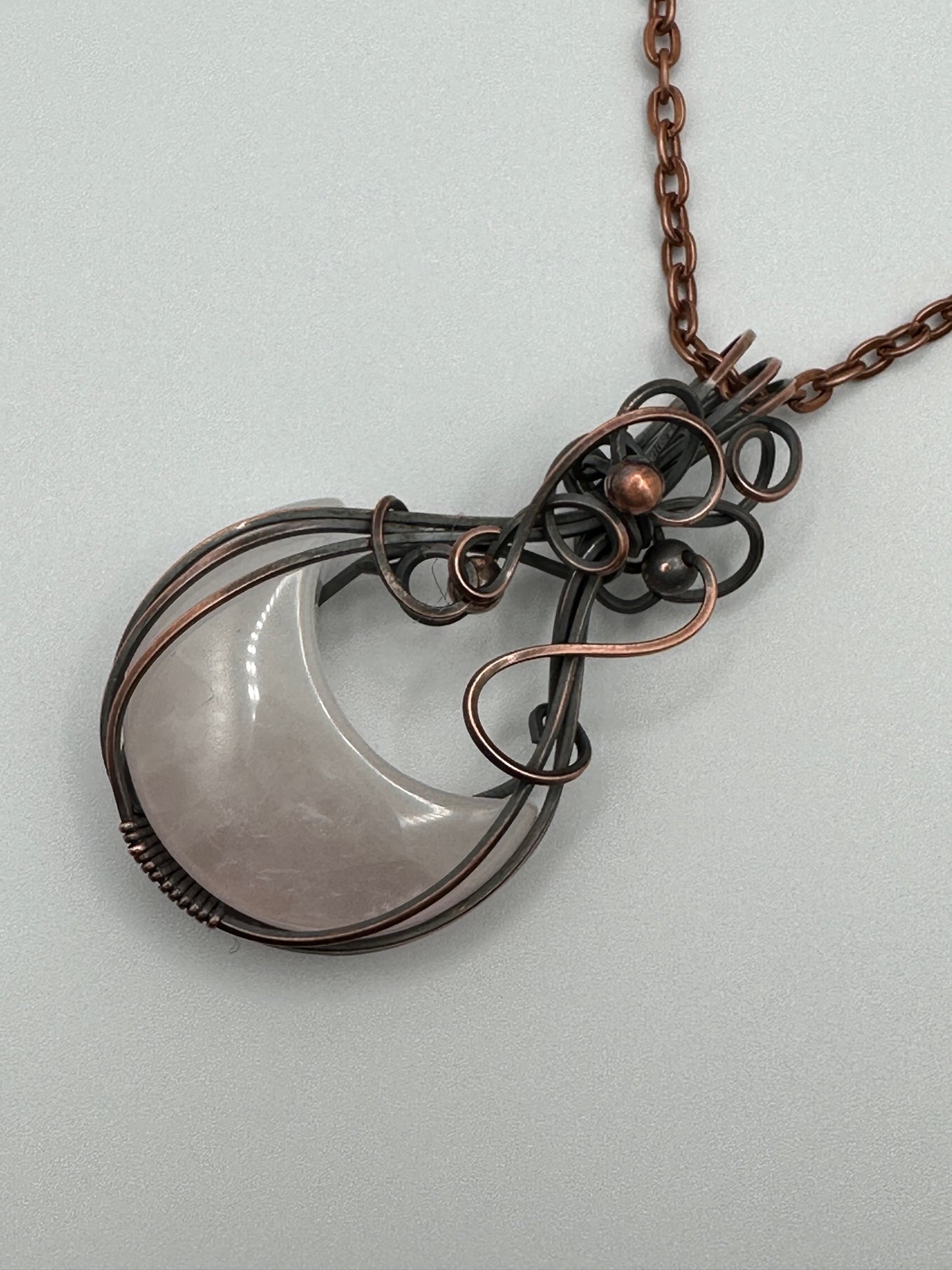 Rose Quartz Crescent Moon Wire Wrapped Pendant