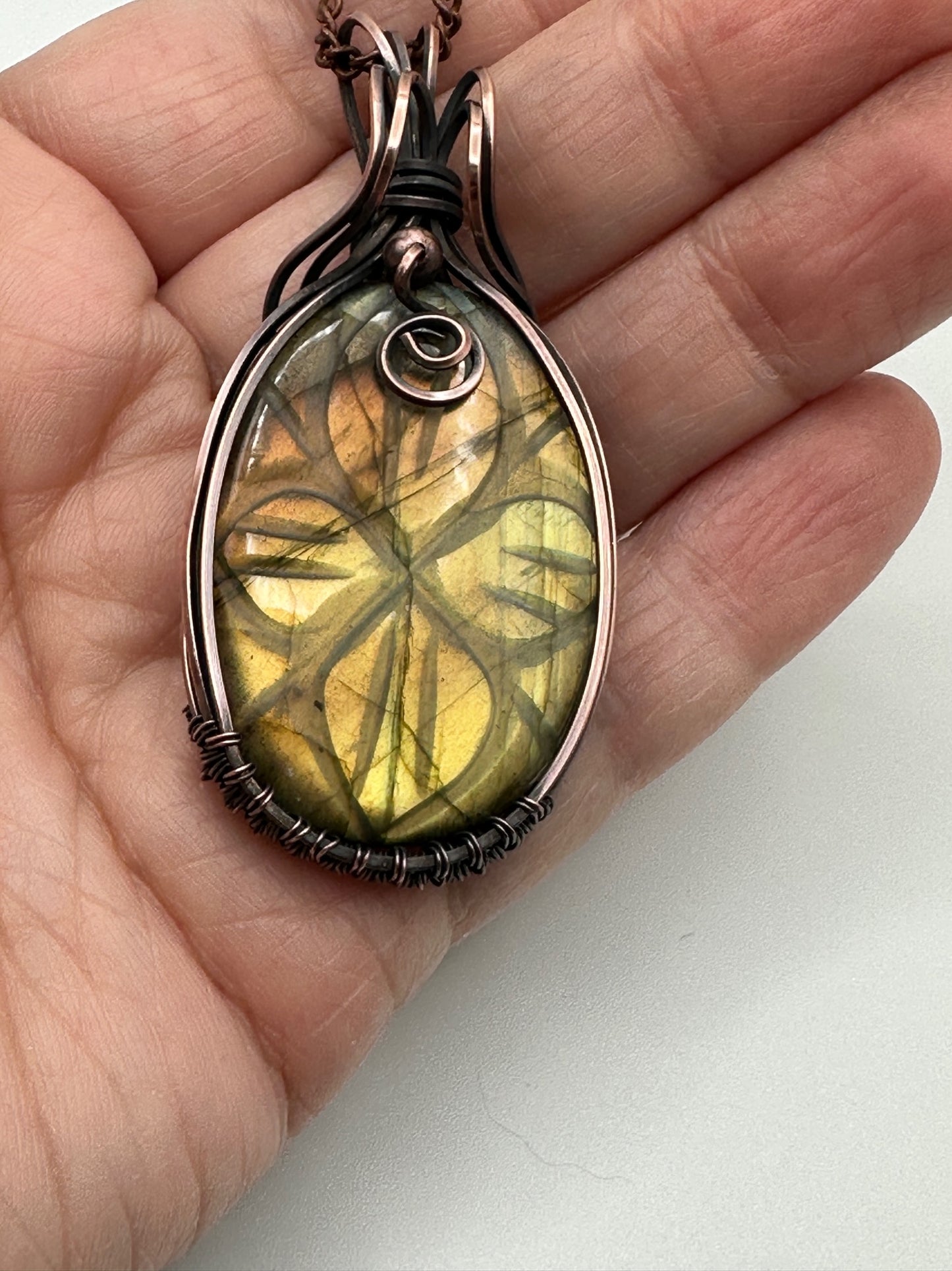 Carved Oval Labradorite Handmade Wire Wrapped Pendant