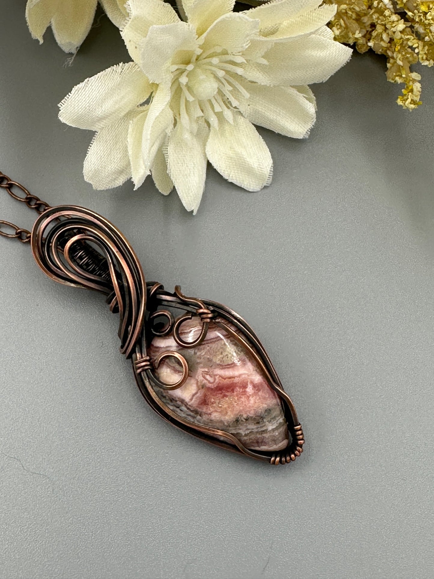 Rhodochrosite Teardrop Handmade Wire Wrapped Pendant