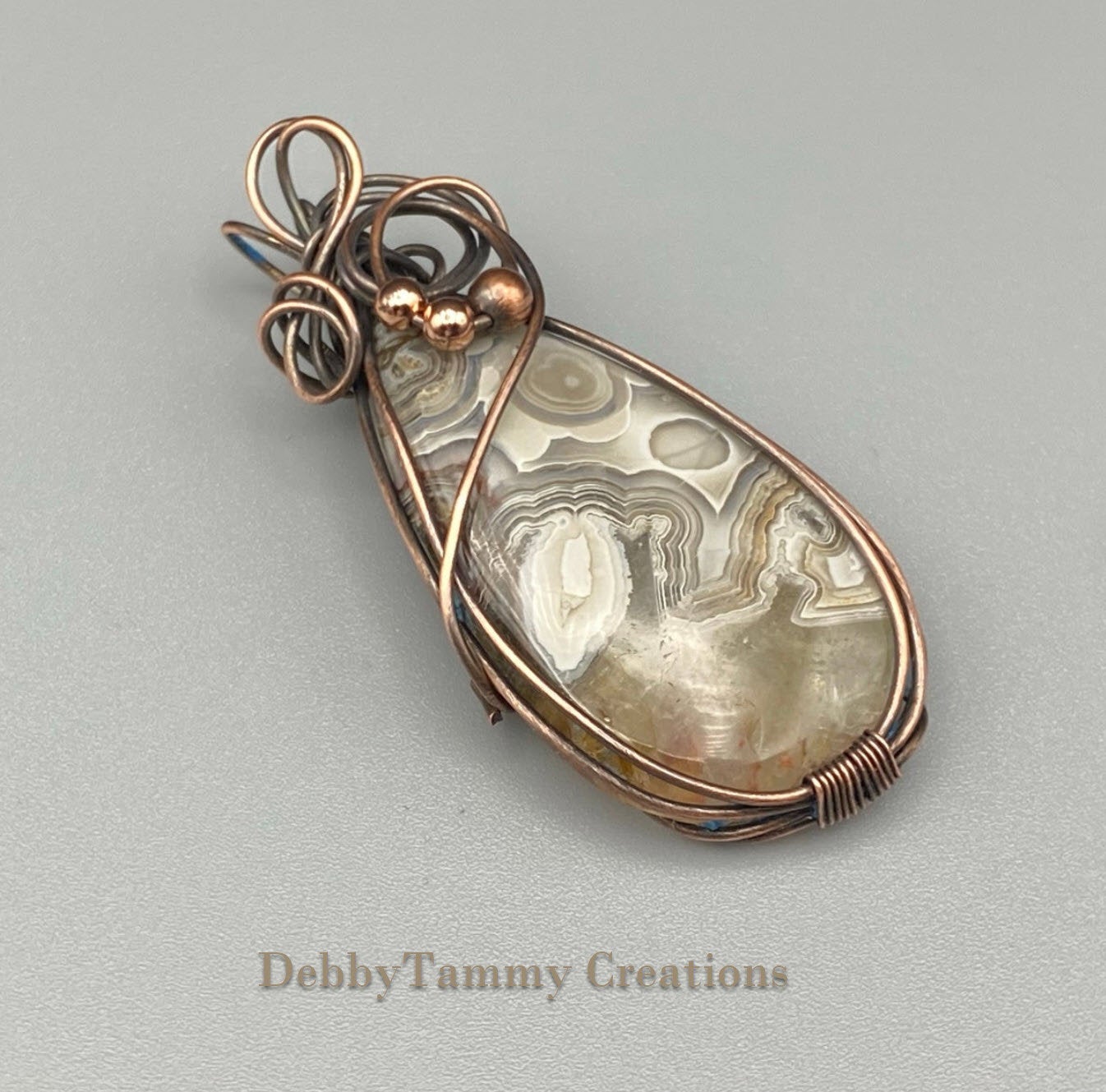 Gray and Beige Crazy Lace Agate, Wire Wrapped Teardrop Pendant
