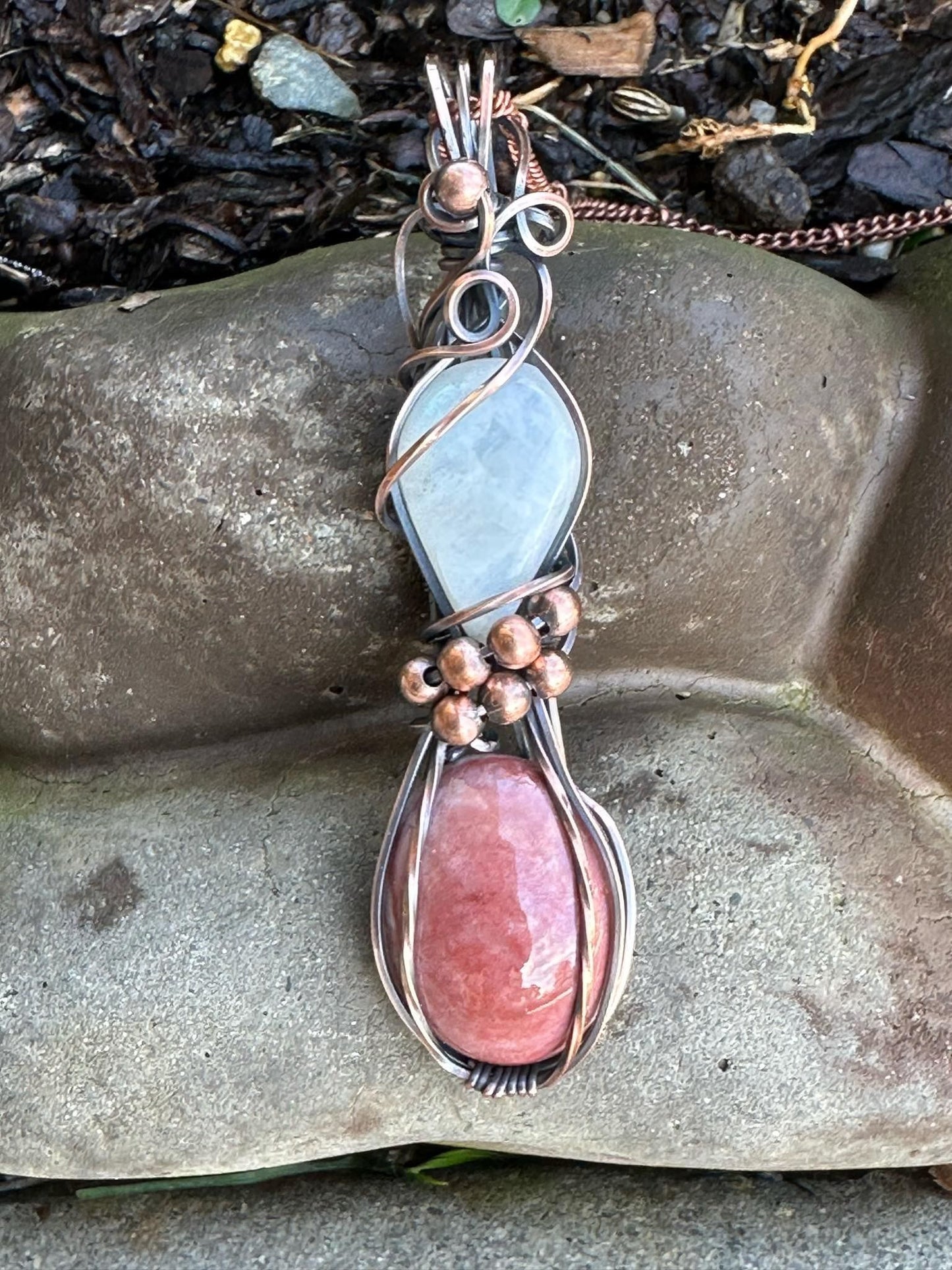 Imperial Jasper Oval And Moonstone Teardrop Double Handmade Wire Wrapped Pendant
