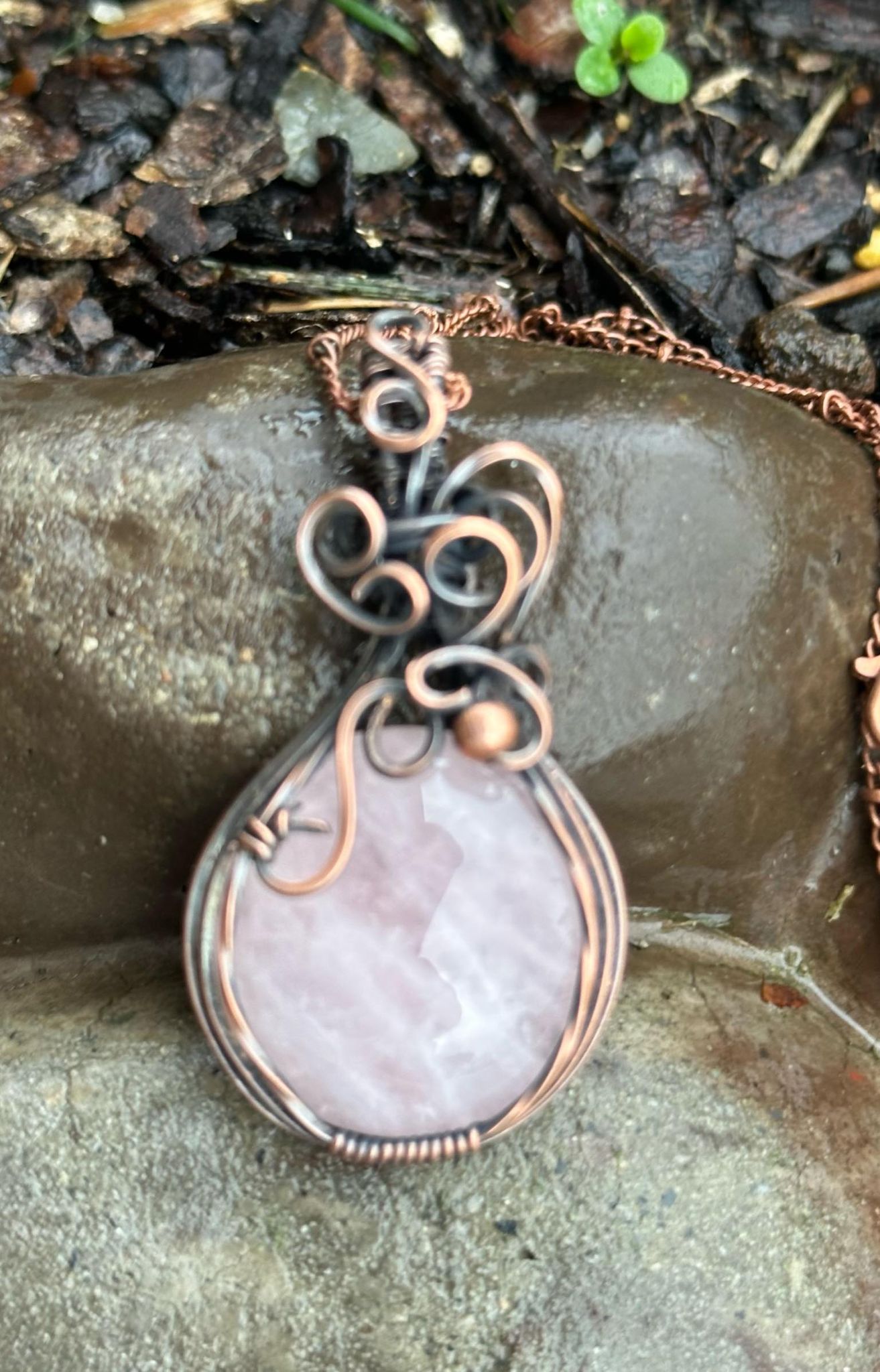 Round Rose Quartz Handmade Wire Wrapped Pendant