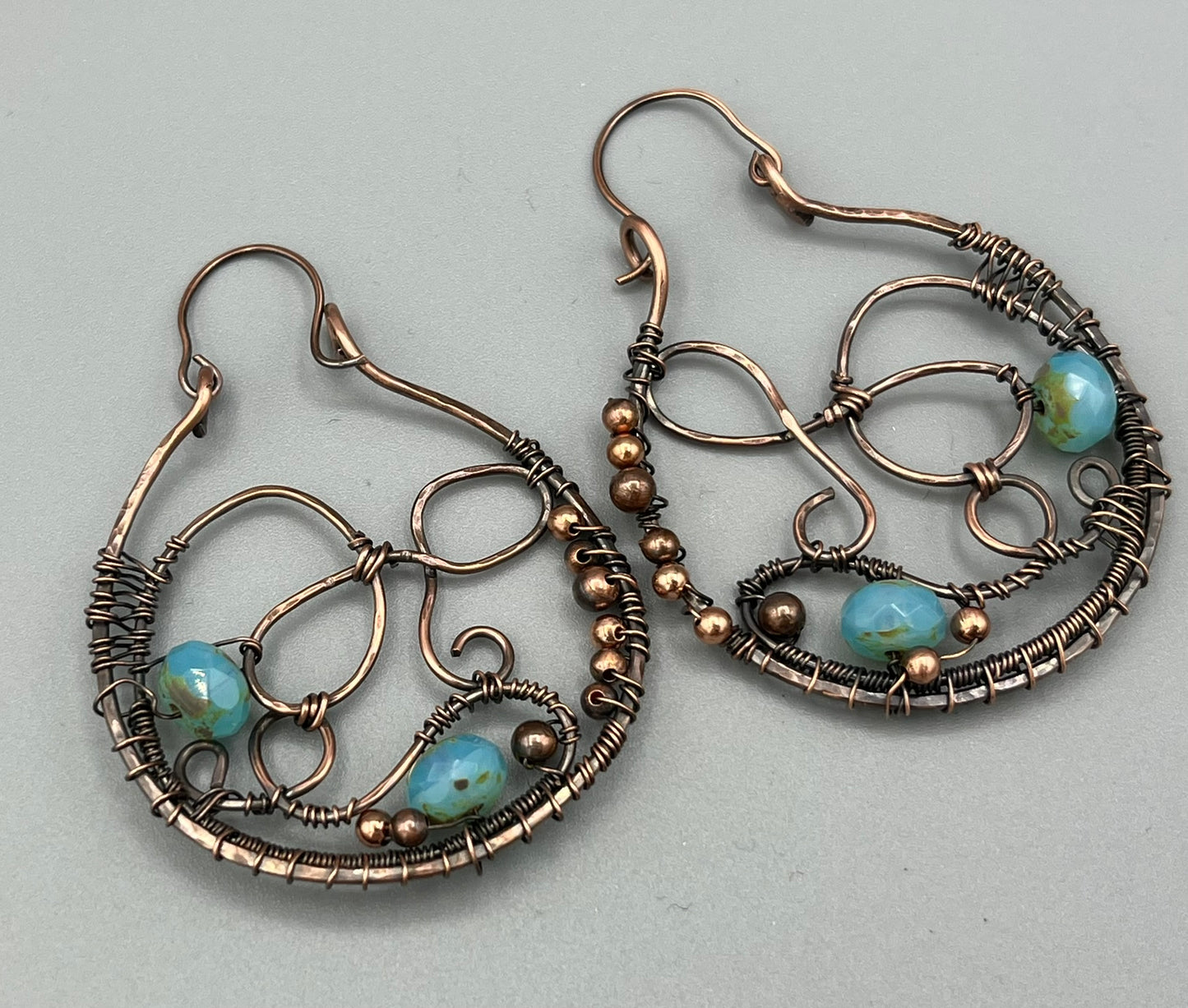Copper Weaving Hoop Earrings with Aqua Rondelle Beads