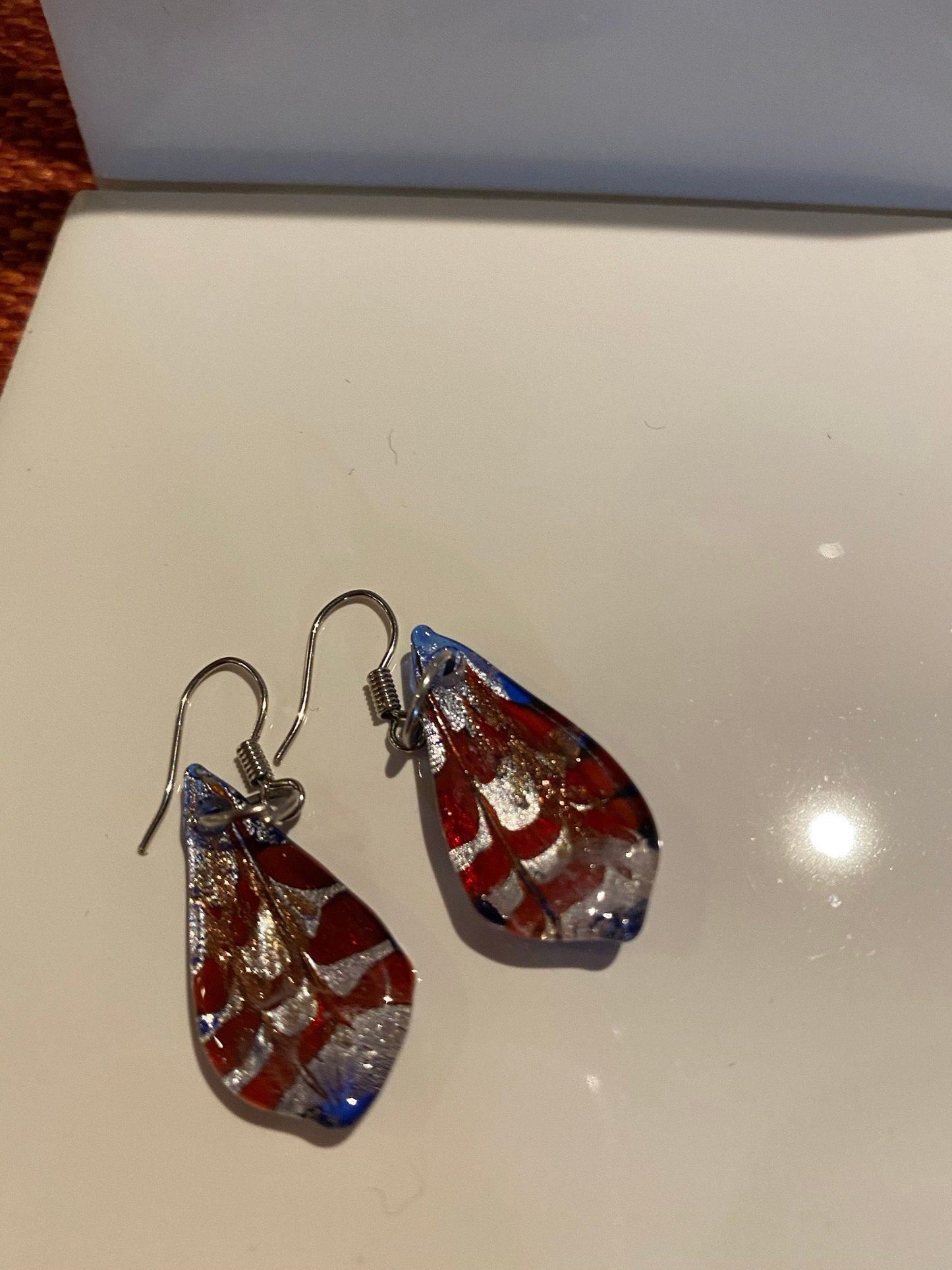 Red, Blue, And Silver Glass Dangle Earrings