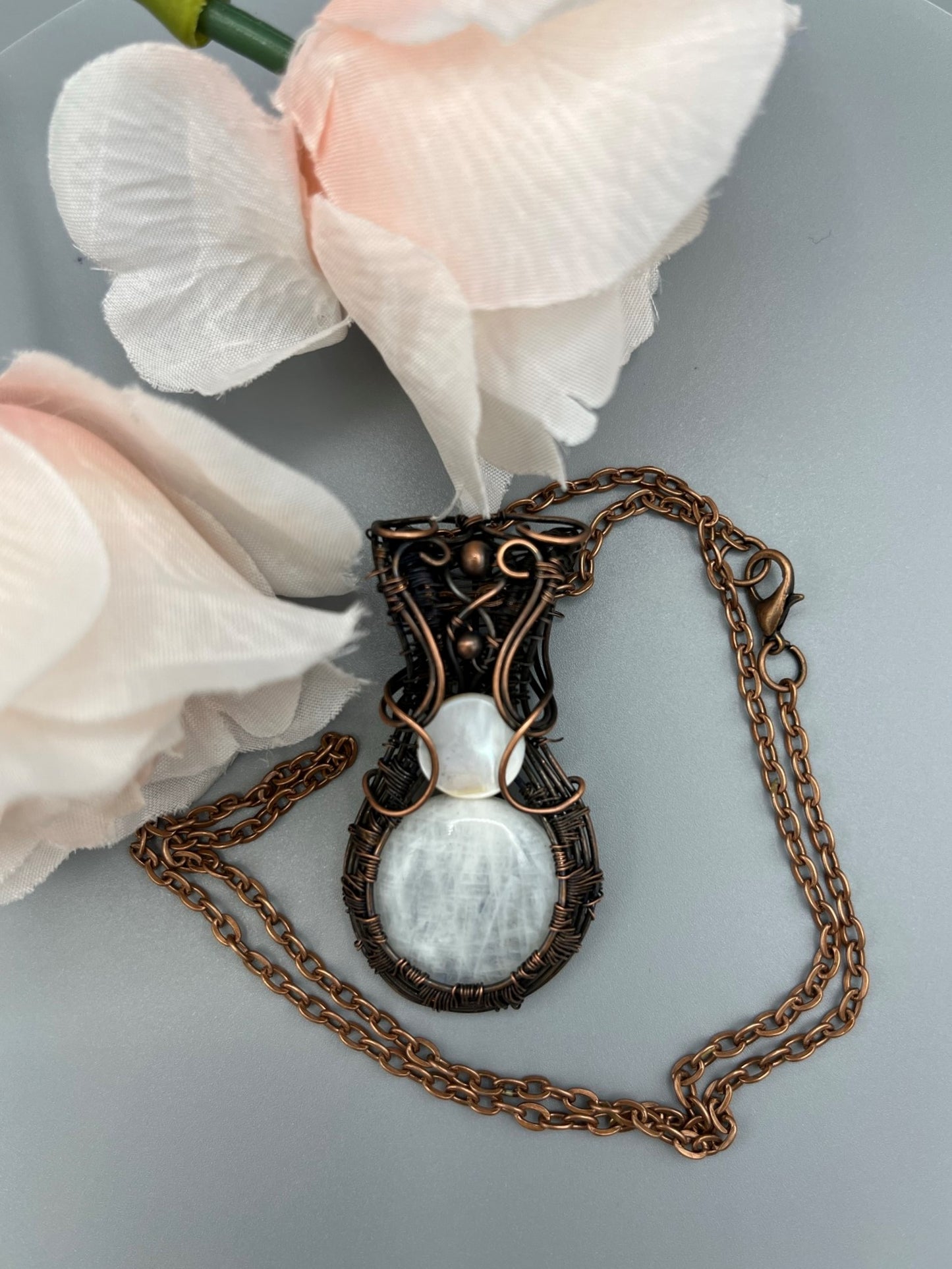 Round Moonstone Wire Wrapped in Antiqued Copper | Handmade Pendant