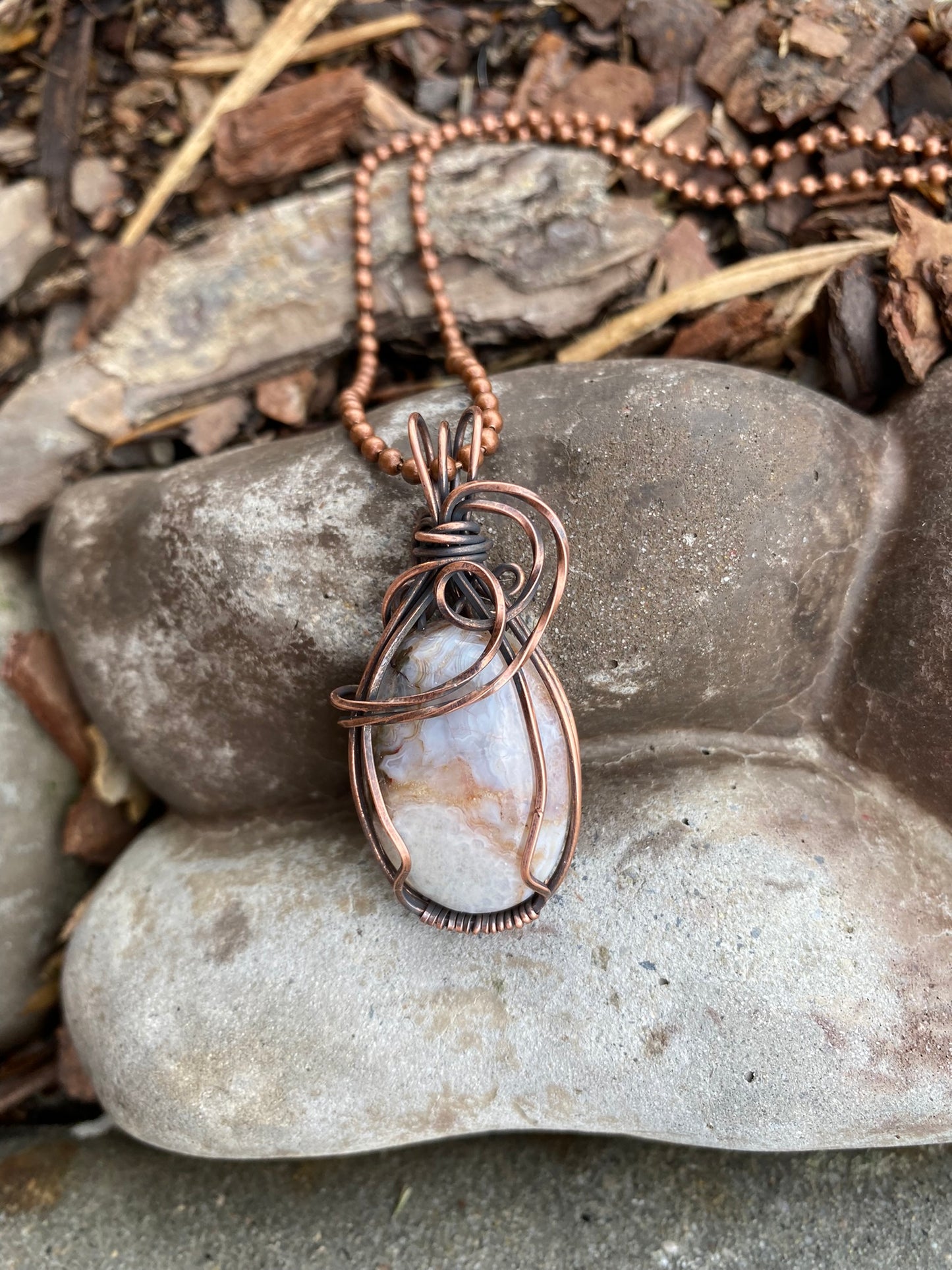Crazy Lace Agate Oval Pendant | Copper Wire Wrapped Pendant