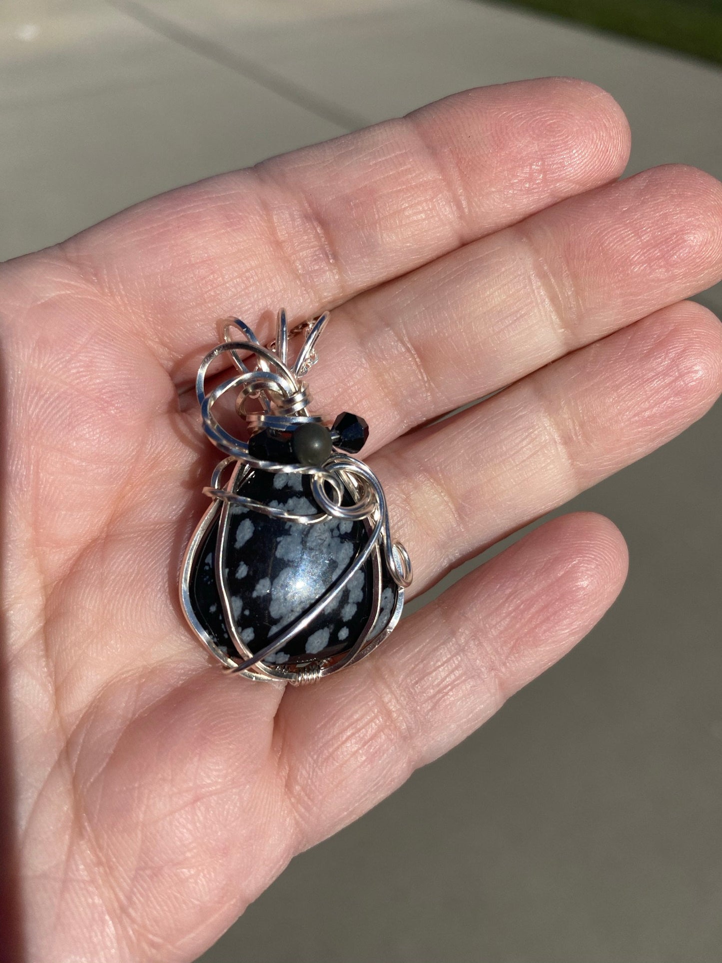 Wire Wrapped Snowflake Obsidian Teardrop Pendant