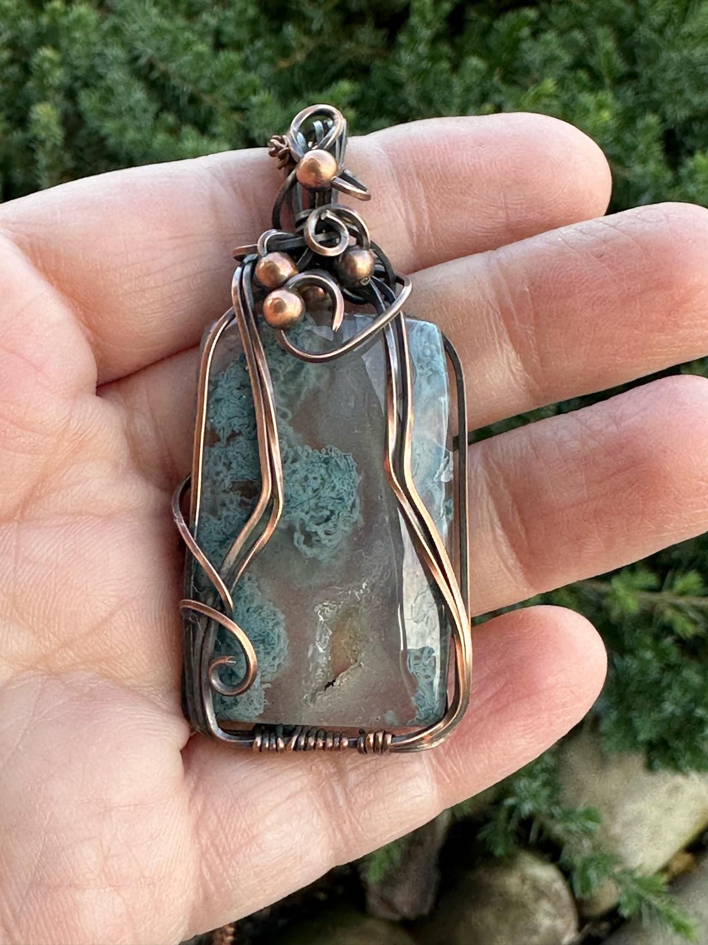 Window Druzy Moss Agate Rectangular Handmade Wire Wrapped Pendant