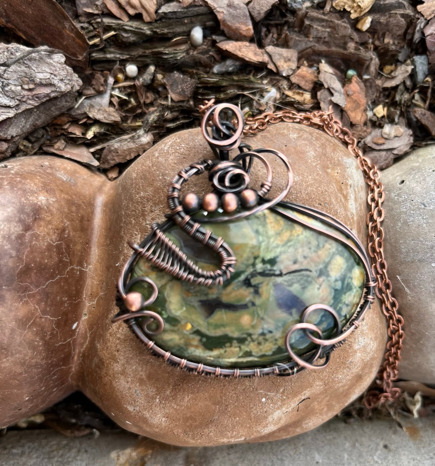 Rain Forest Jasper Oval Wire Wrapped Pendant