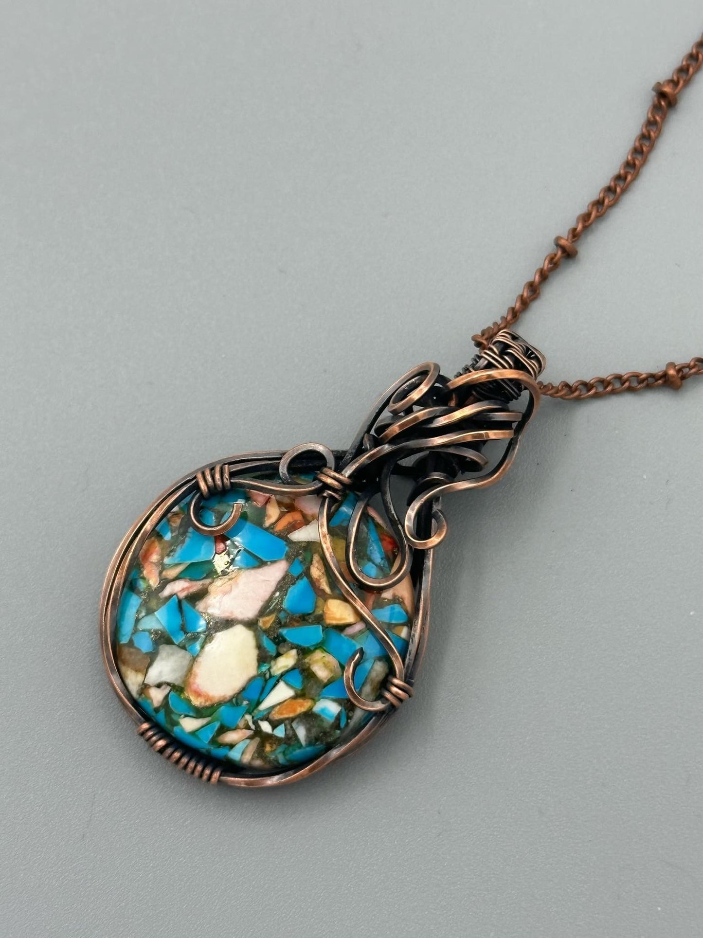 Round Copper Turquoise Mohave Handmade Wire Wrapped Pendant
