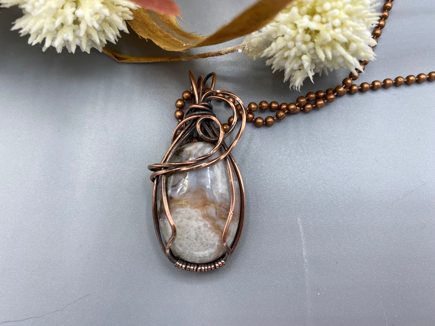 Crazy Lace Agate Oval Pendant | Copper Wire Wrapped Pendant
