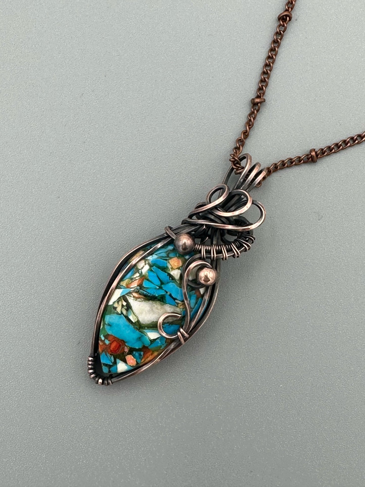Handmade Wire Wrapped Copper Turquoise Mohave Teardrop Pendant