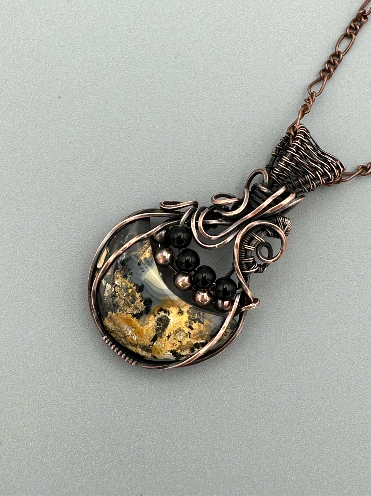 Maligano Jasper Crescent Moon Wire Wrapped Pendant
