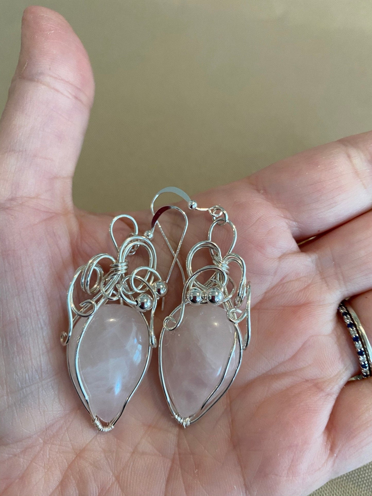Wire Wrapped Rose Quartz Pendant and Matching Earrings