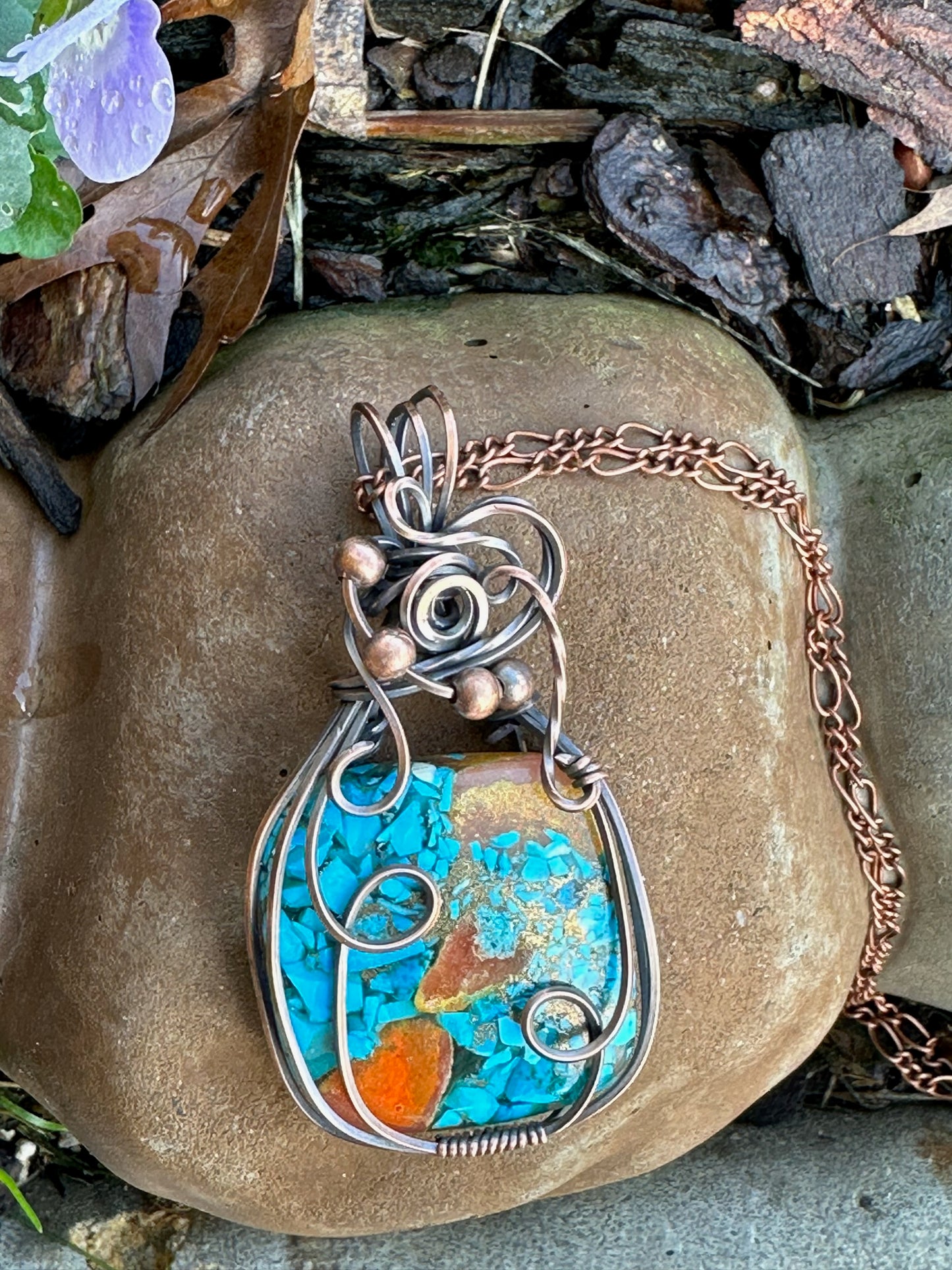 Square Copper Turquoise Mohave Handmade Wire Wrapped Pendant