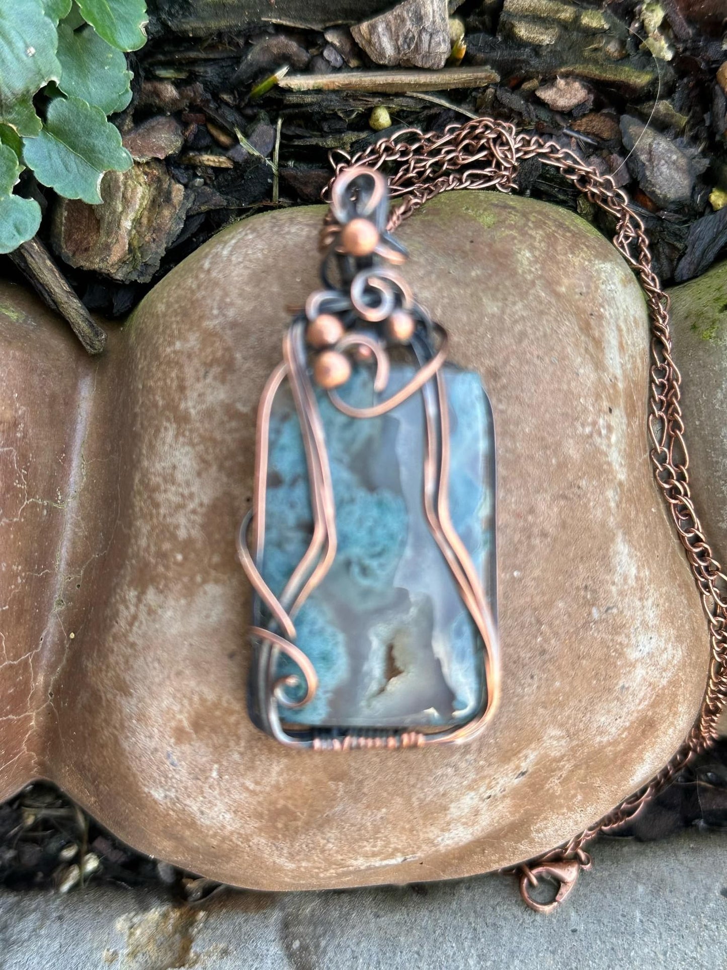 Window Druzy Moss Agate Rectangular Handmade Wire Wrapped Pendant