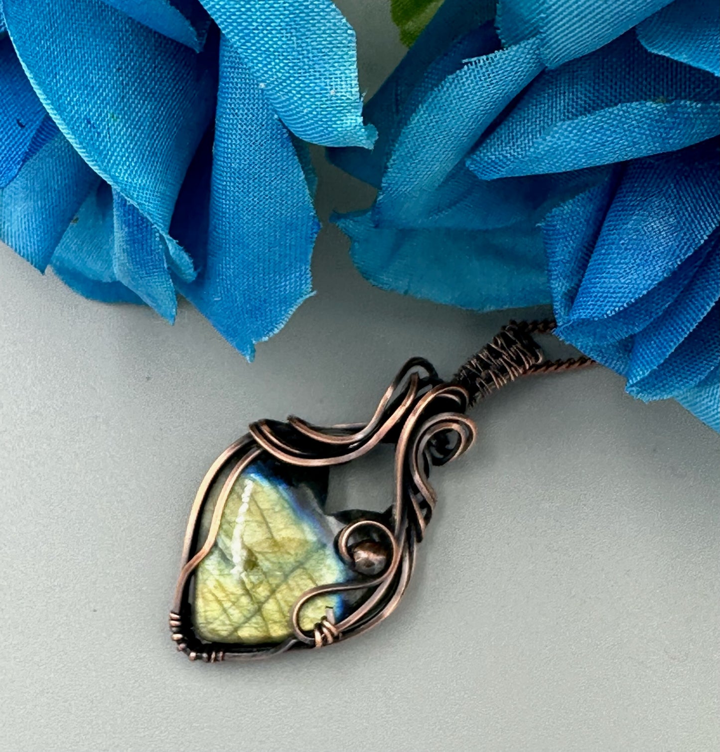 Labradorite Heart Wrapped In Oxidized Copper Wire