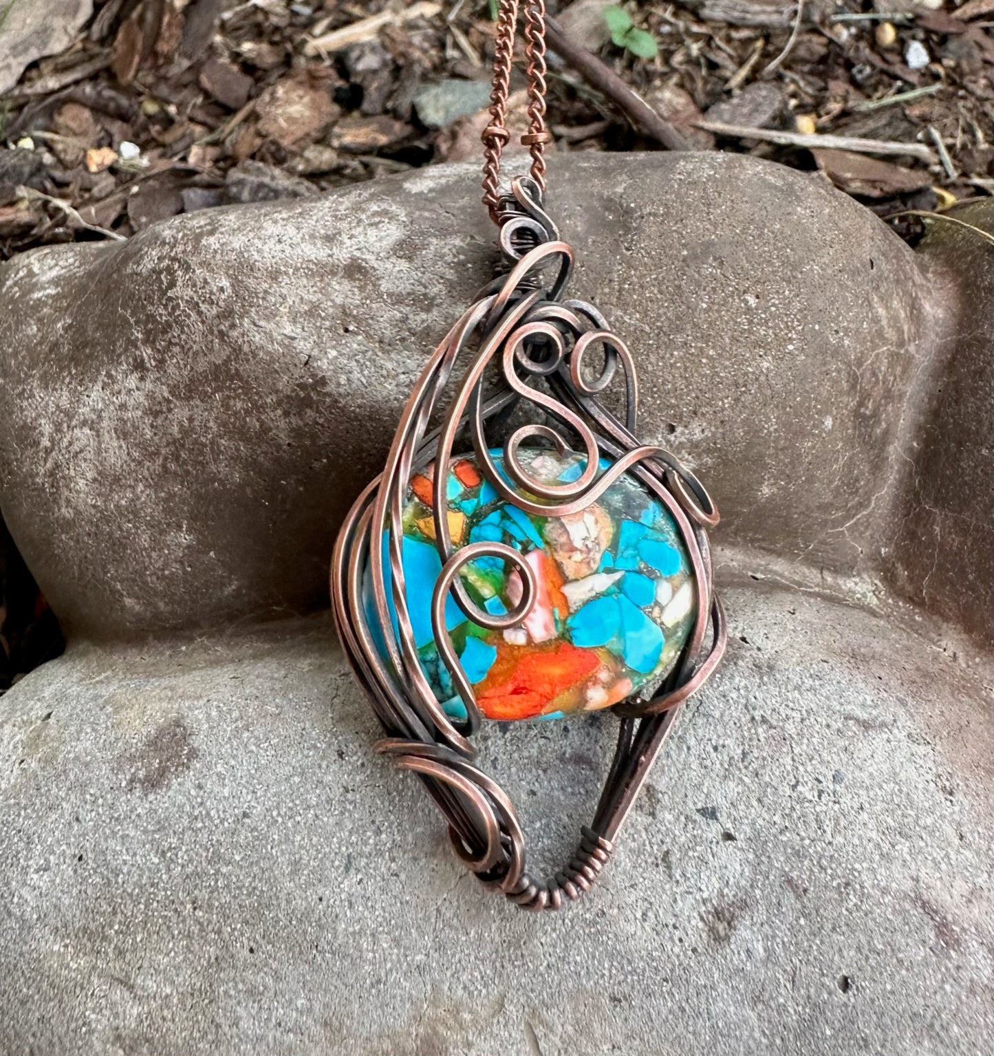 Oval Copper Turquoise Mohave Handmade Wire Wrapped Pendant