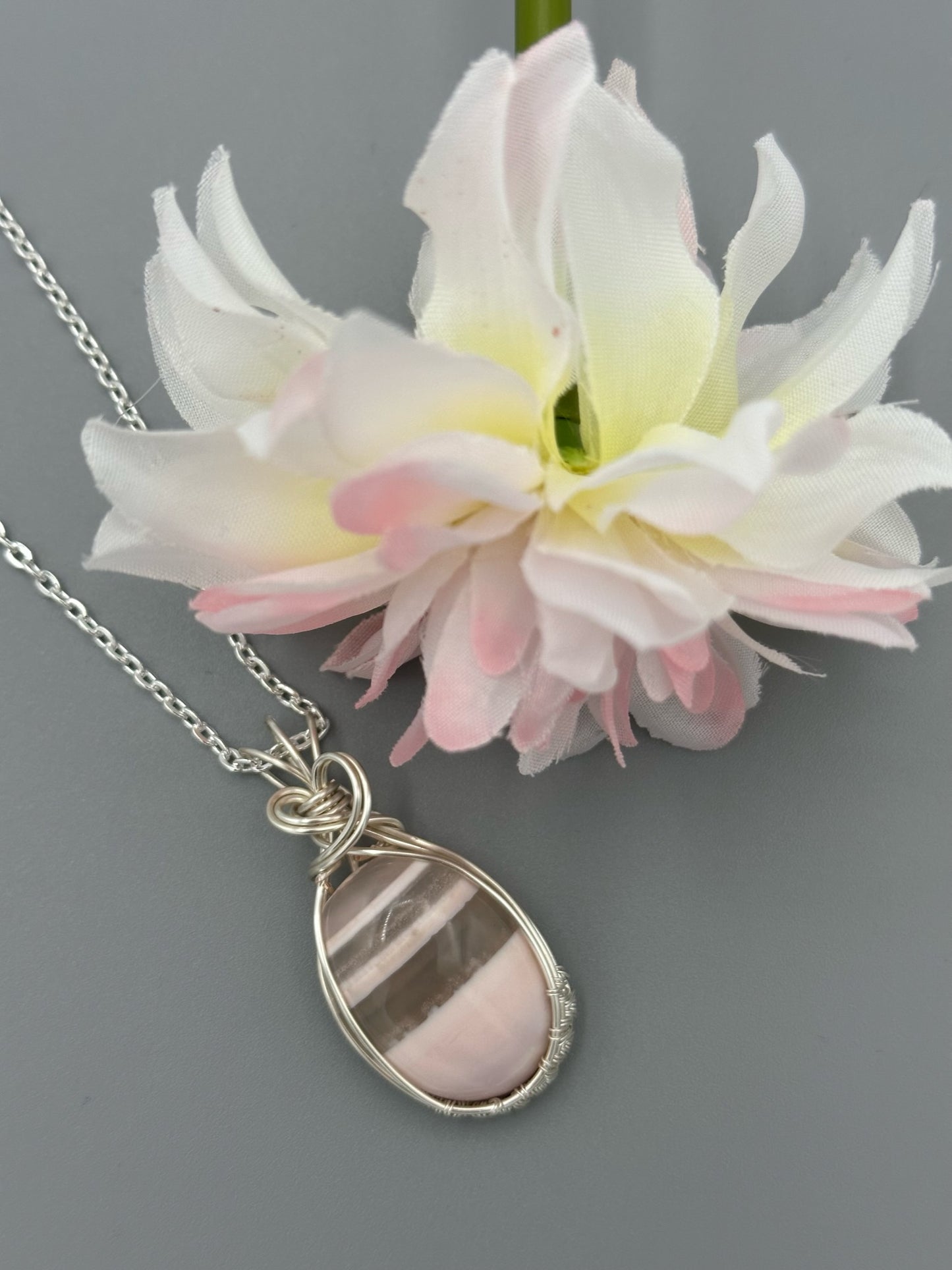 Handmade Wire Wrapped Pink Stripe Agate Oval Pendant