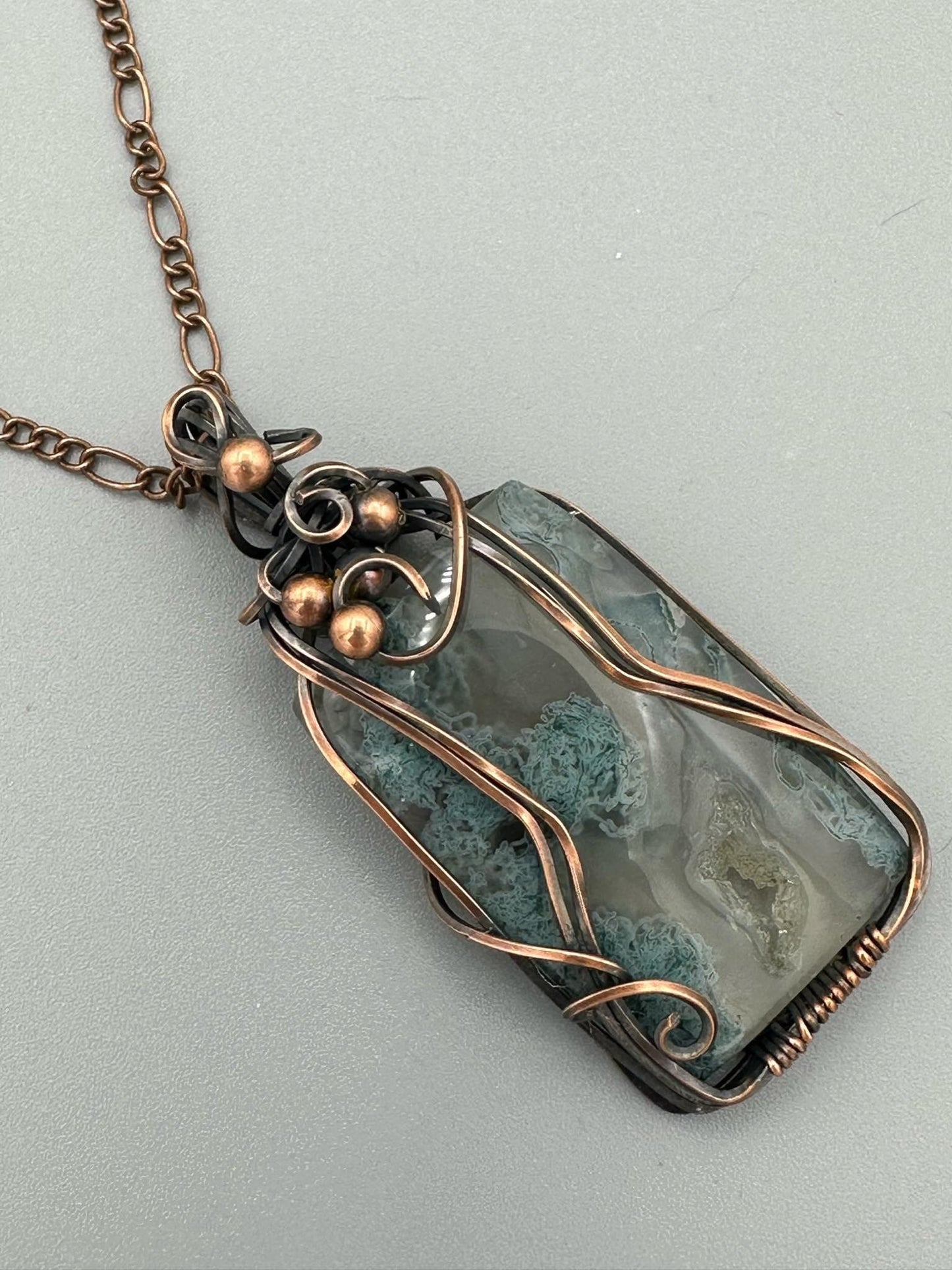 Window Druzy Moss Agate Rectangular Handmade Wire Wrapped Pendant