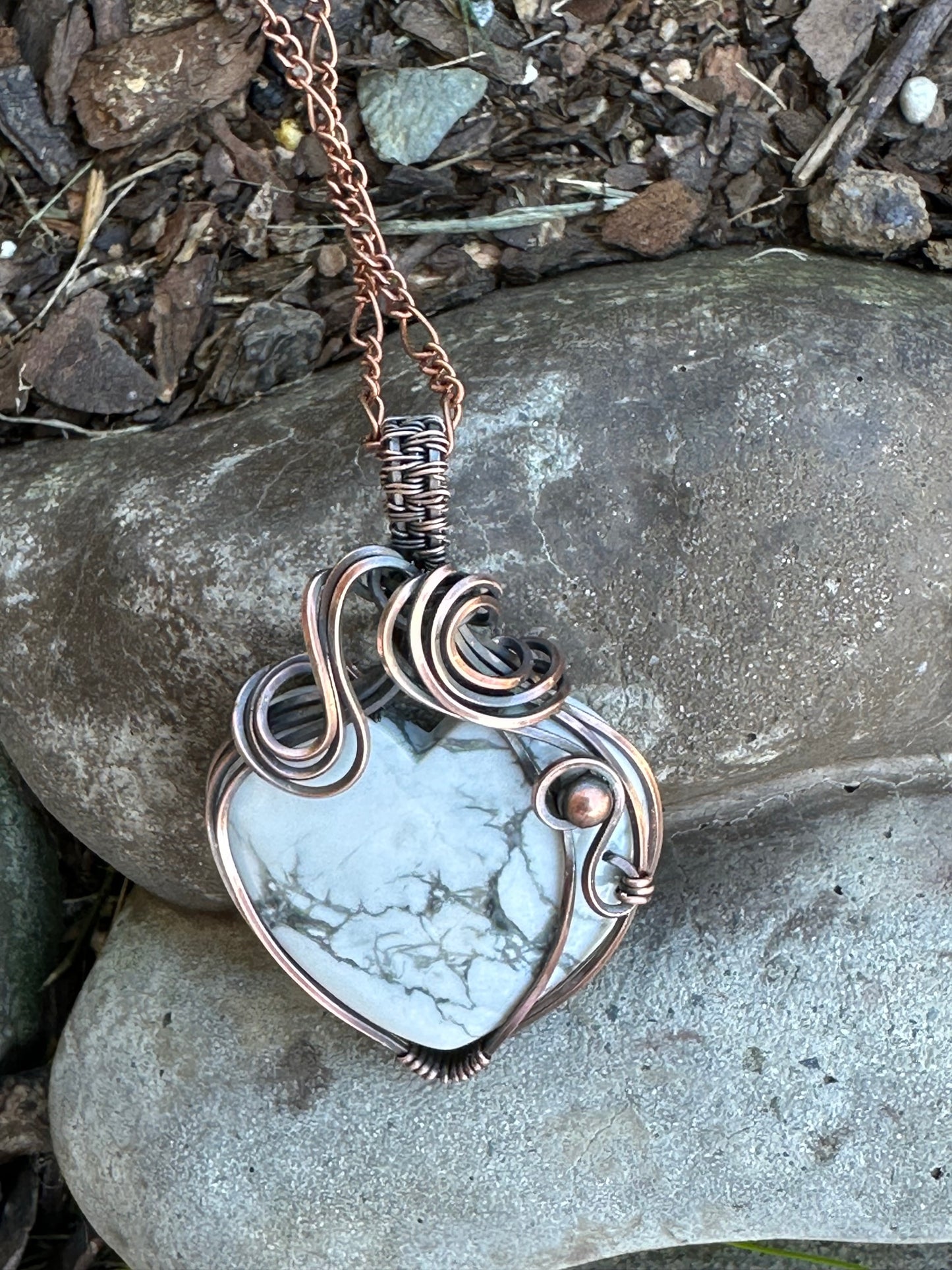 Howlite Heart Wire Wrapped Pendant | Copper Wire Wrapped