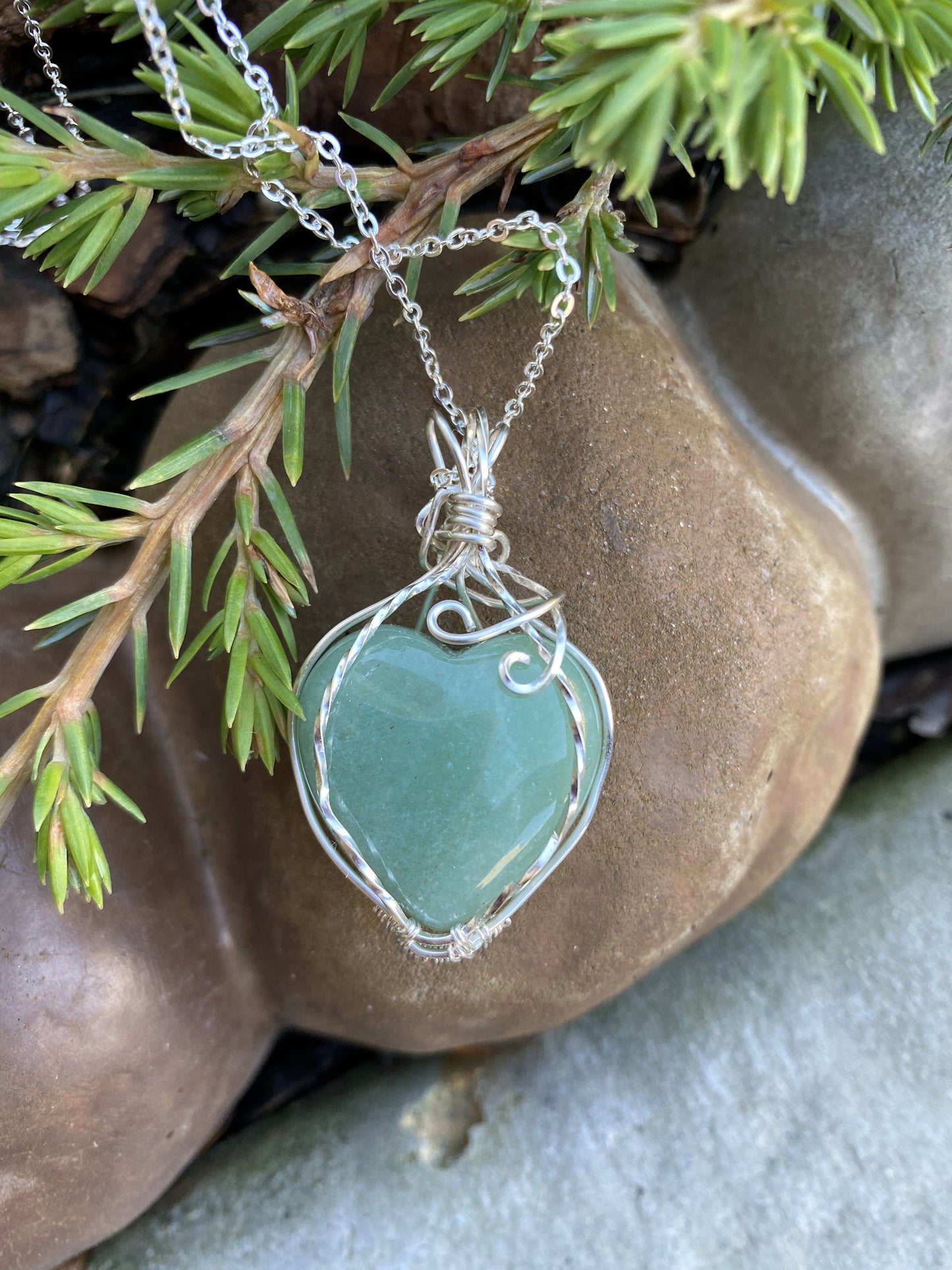 Wire Wrapped Natural Green Aventurine Gemstone Heart Pendant