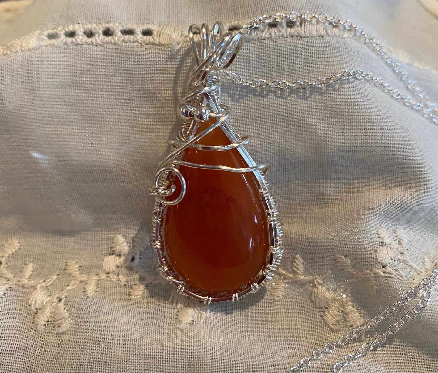 Wire Wrapped Orange Aventurine Teardrop Pendant